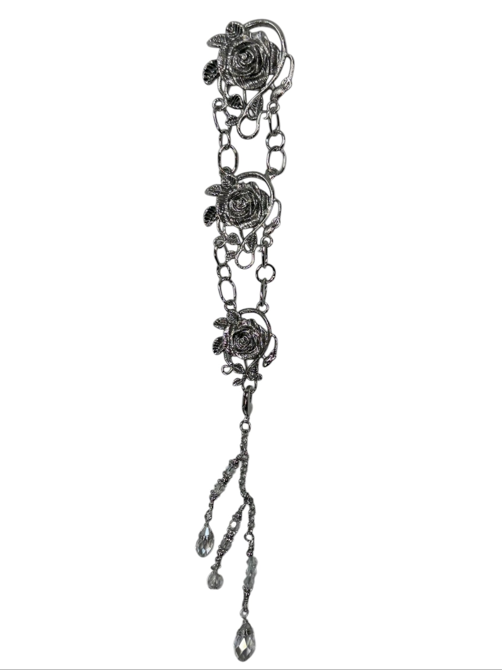 silver rose chain hair accessory with dangling crystal drops front view