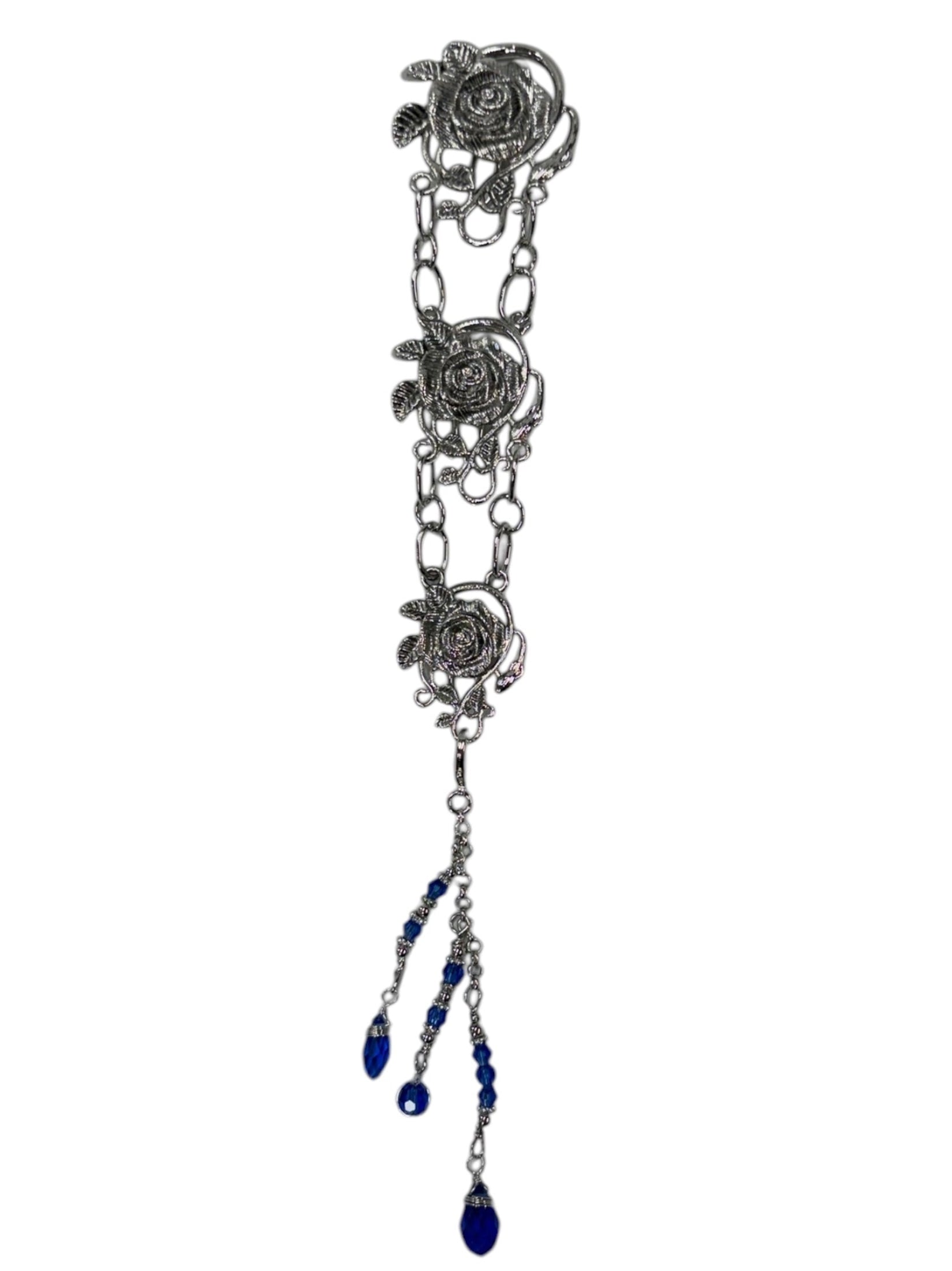 silver rose chain hair accessory with blue crystal drops front view