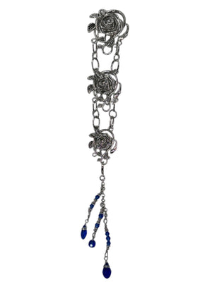 silver rose chain hair accessory with blue crystal drops front view
