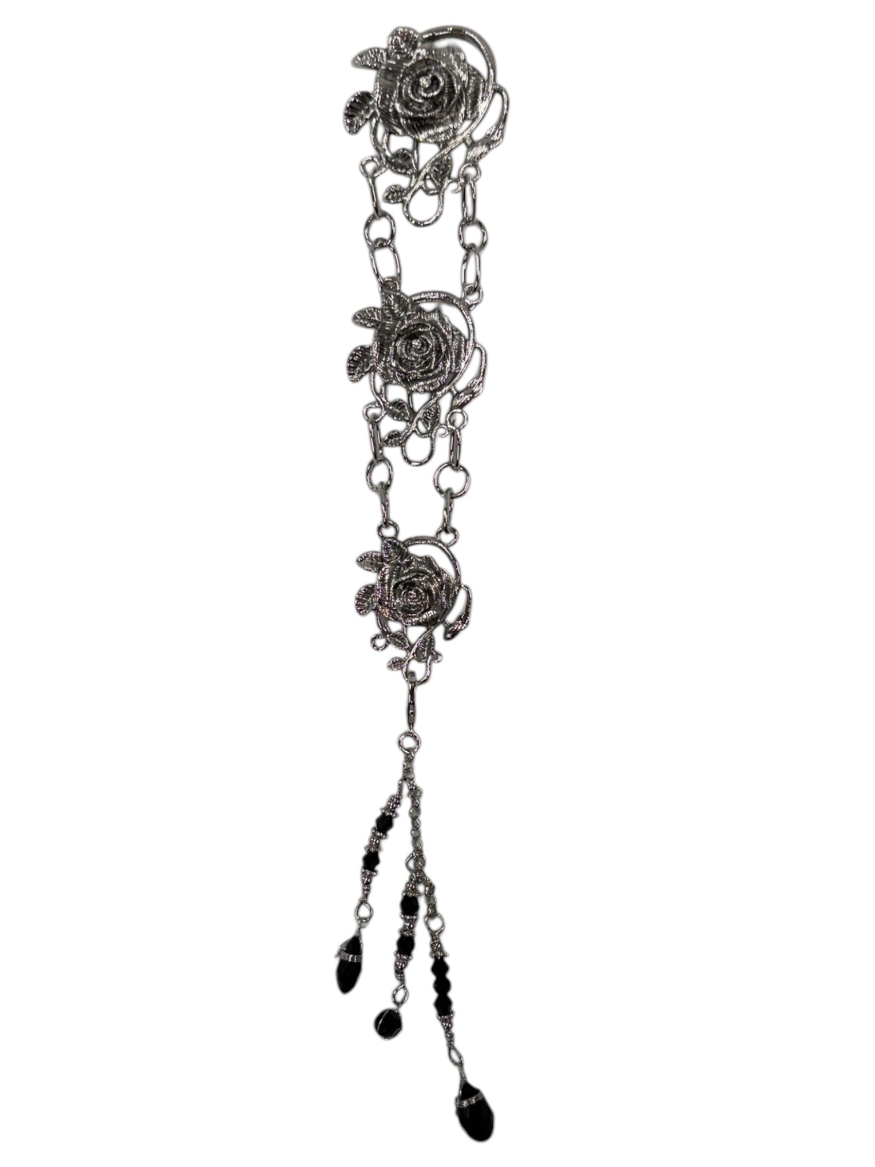 silver rose chain hair accessory with black bead drops front view