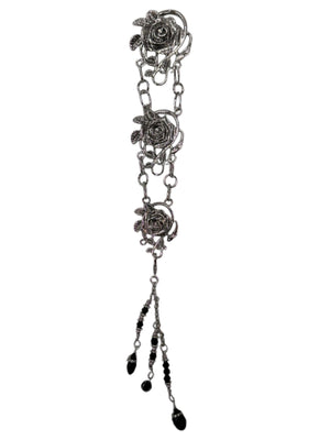 silver rose chain hair accessory with black bead drops front view