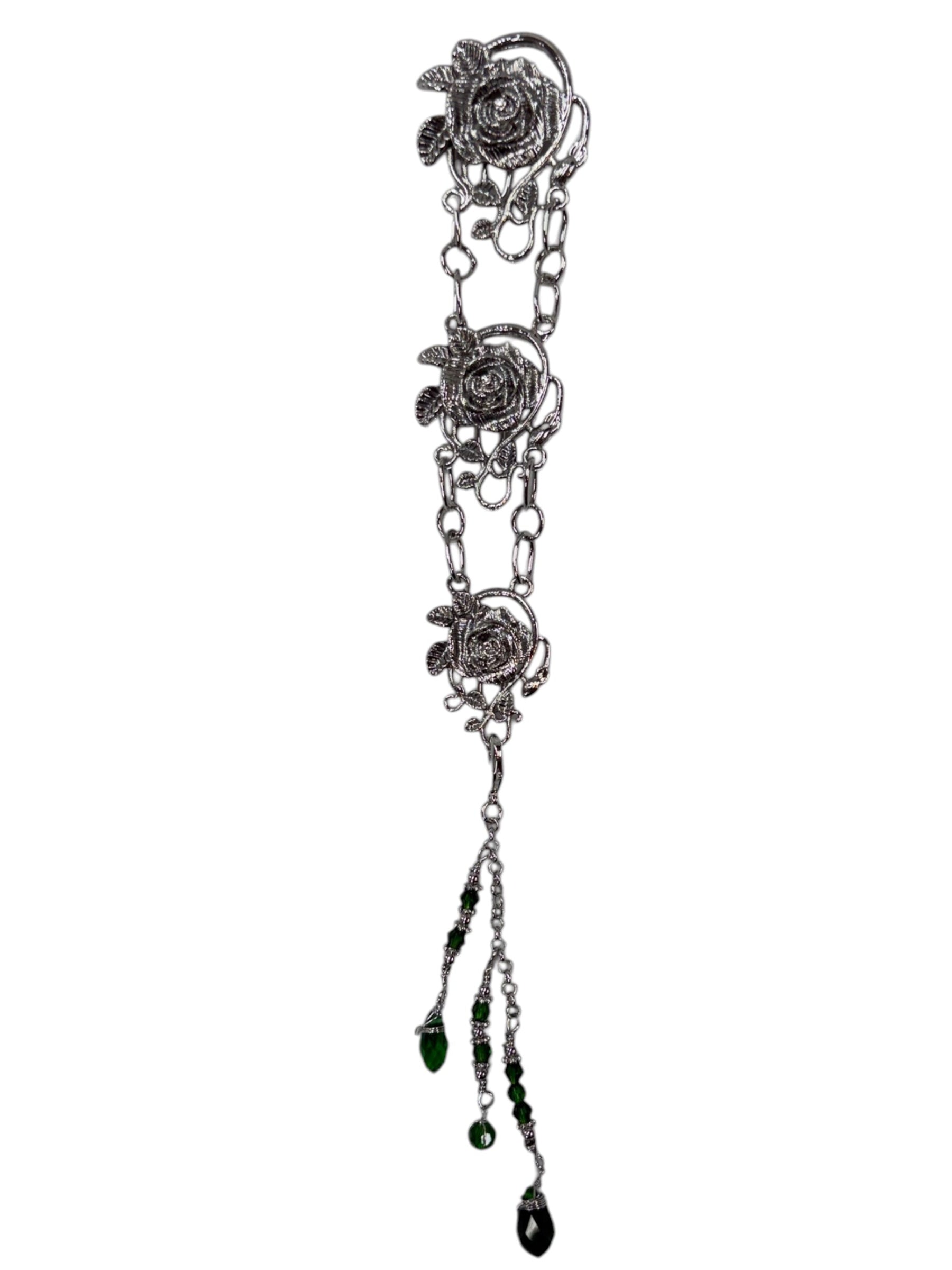 silver rose chain hair accessory with green and black bead drops front view