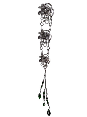 silver rose chain hair accessory with green and black bead drops front view
