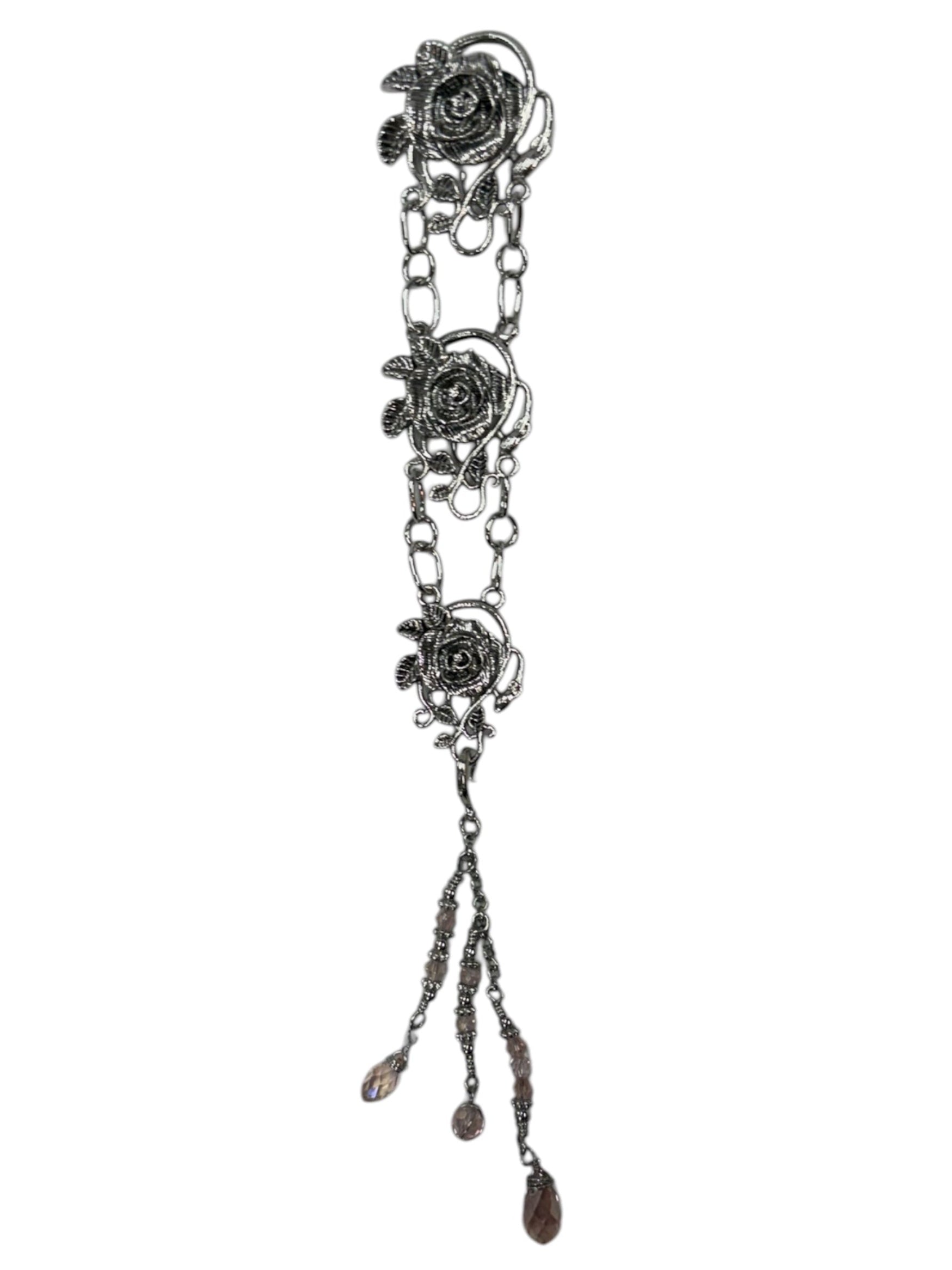 silver rose chain hair accessory with pink bead drops front view