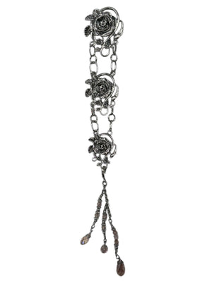 silver rose chain hair accessory with pink bead drops front view