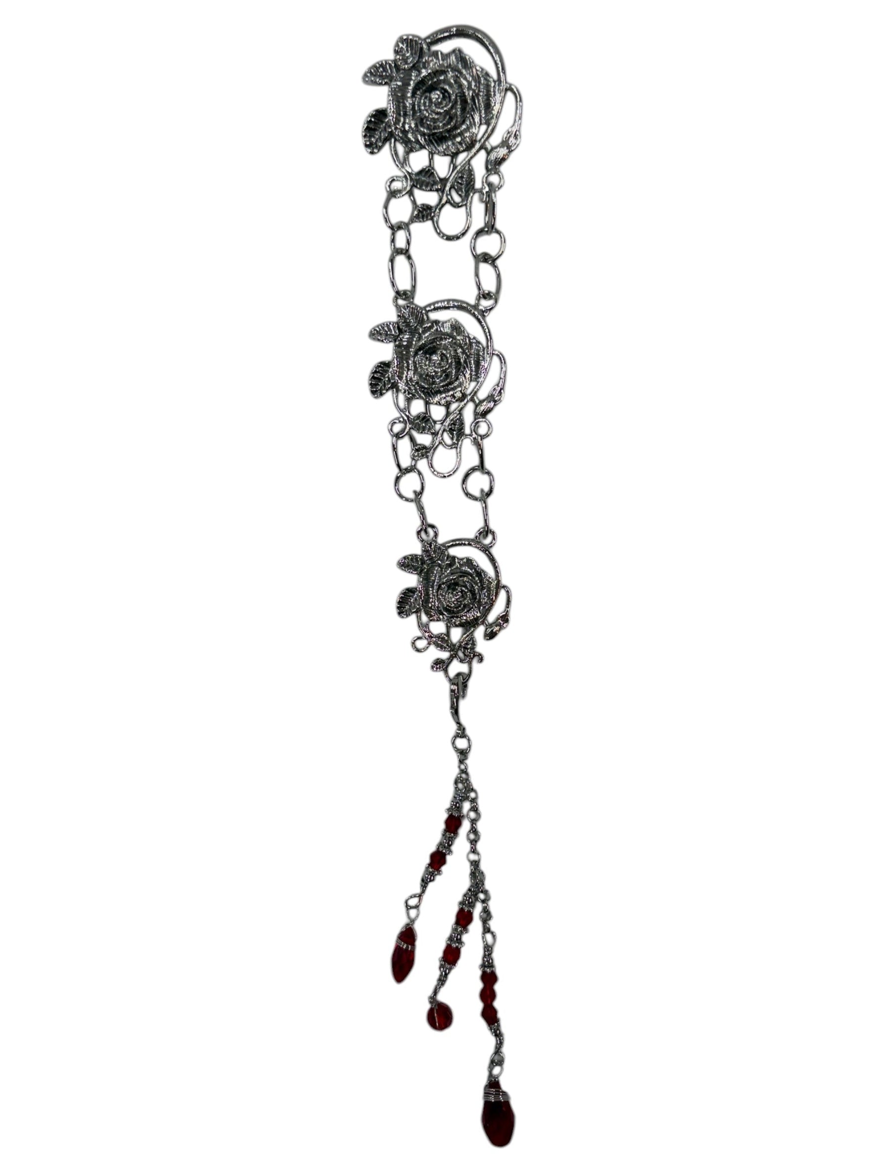 silver rose chain hair accessory with red bead drops front view