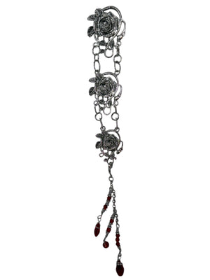 silver rose chain hair accessory with red bead drops front view