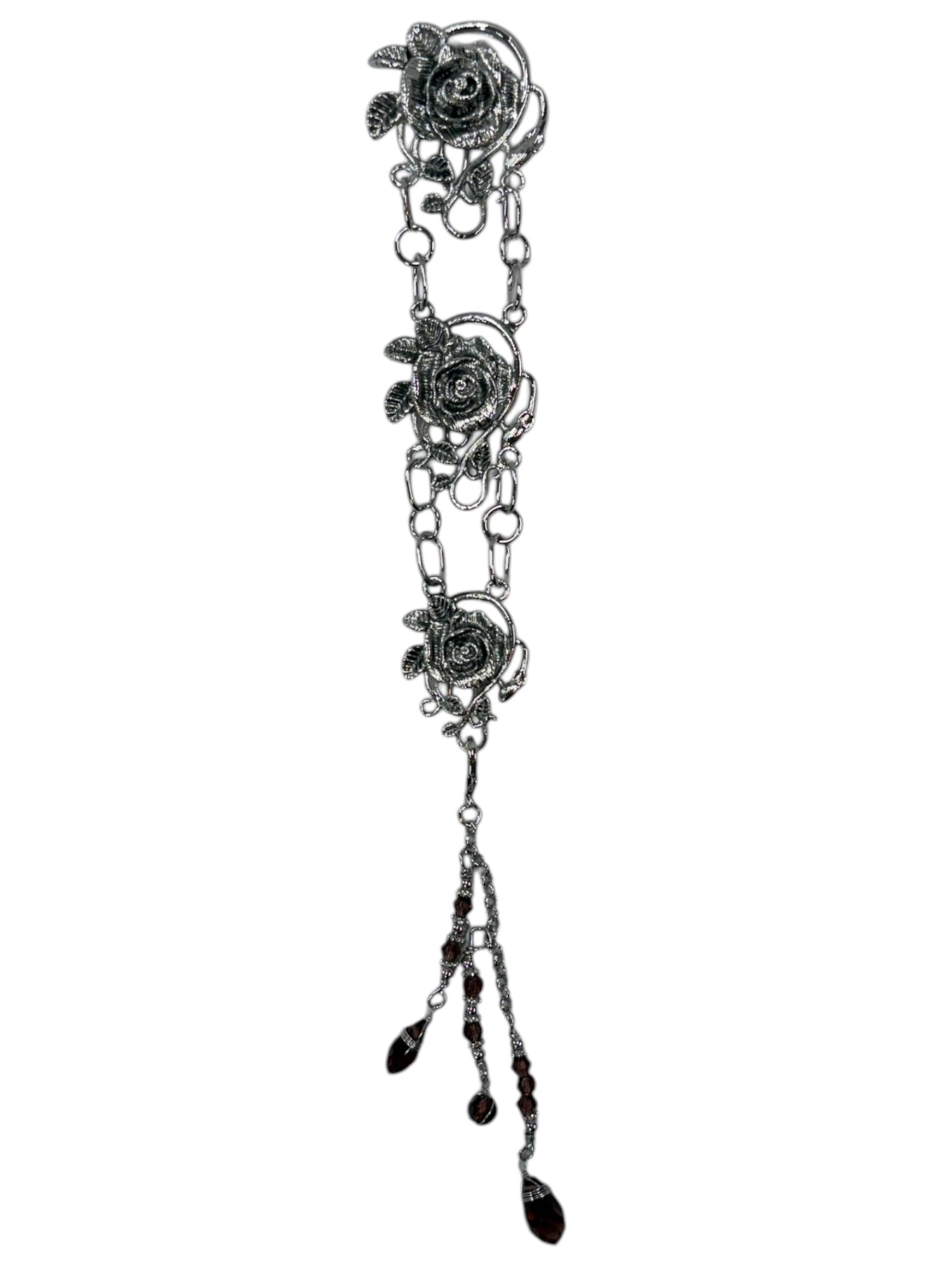 silver rose chain hair accessory with dark bead drops front view