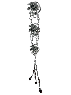 silver rose chain hair accessory with dark bead drops front view