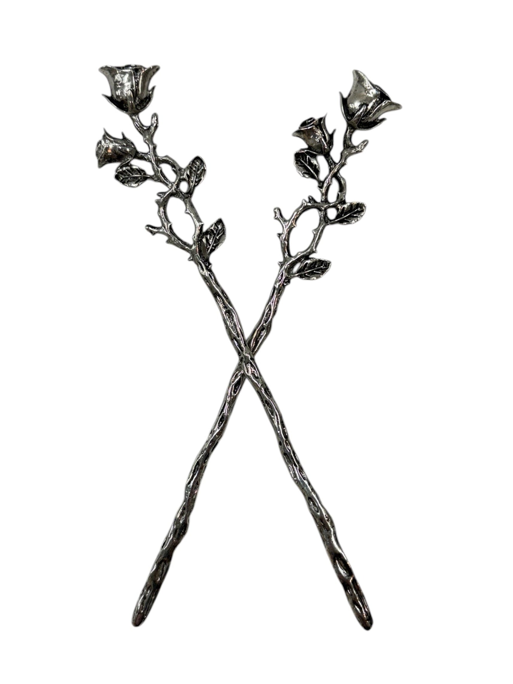 silver floral hair sticks with rose and leaf design front view