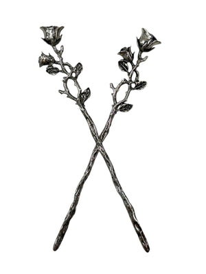 silver floral hair sticks with rose and leaf design front view