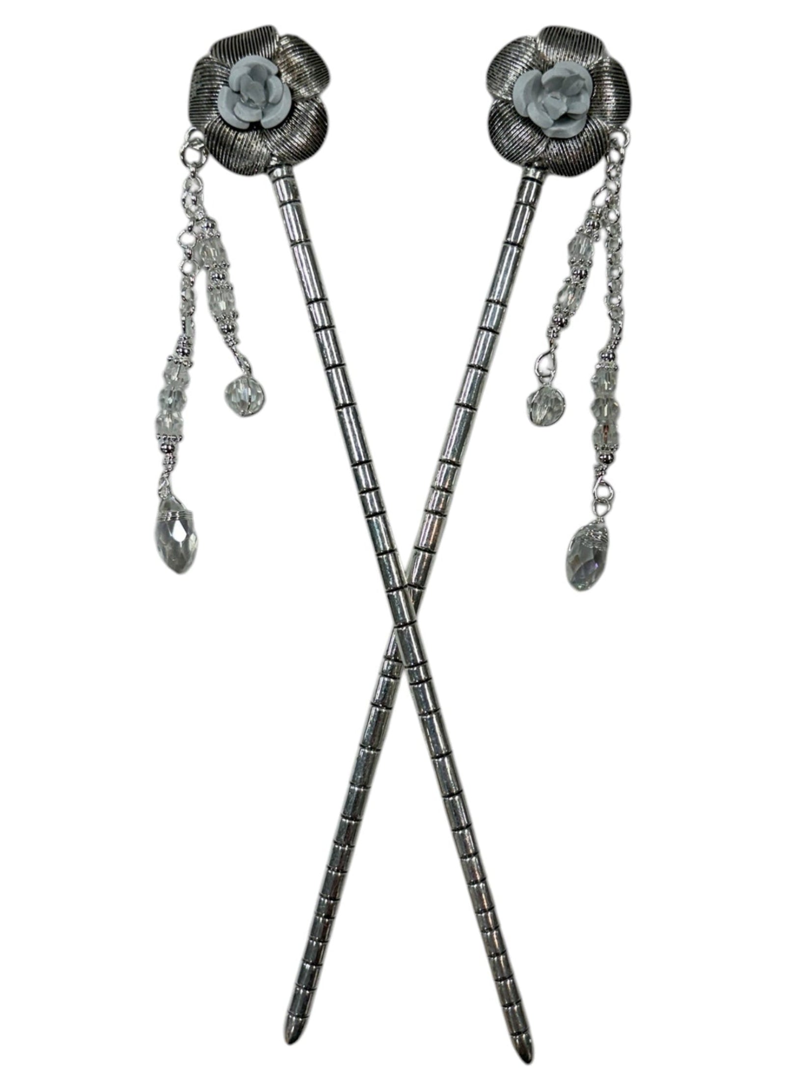 silver floral hair sticks with crystal drop accents front view