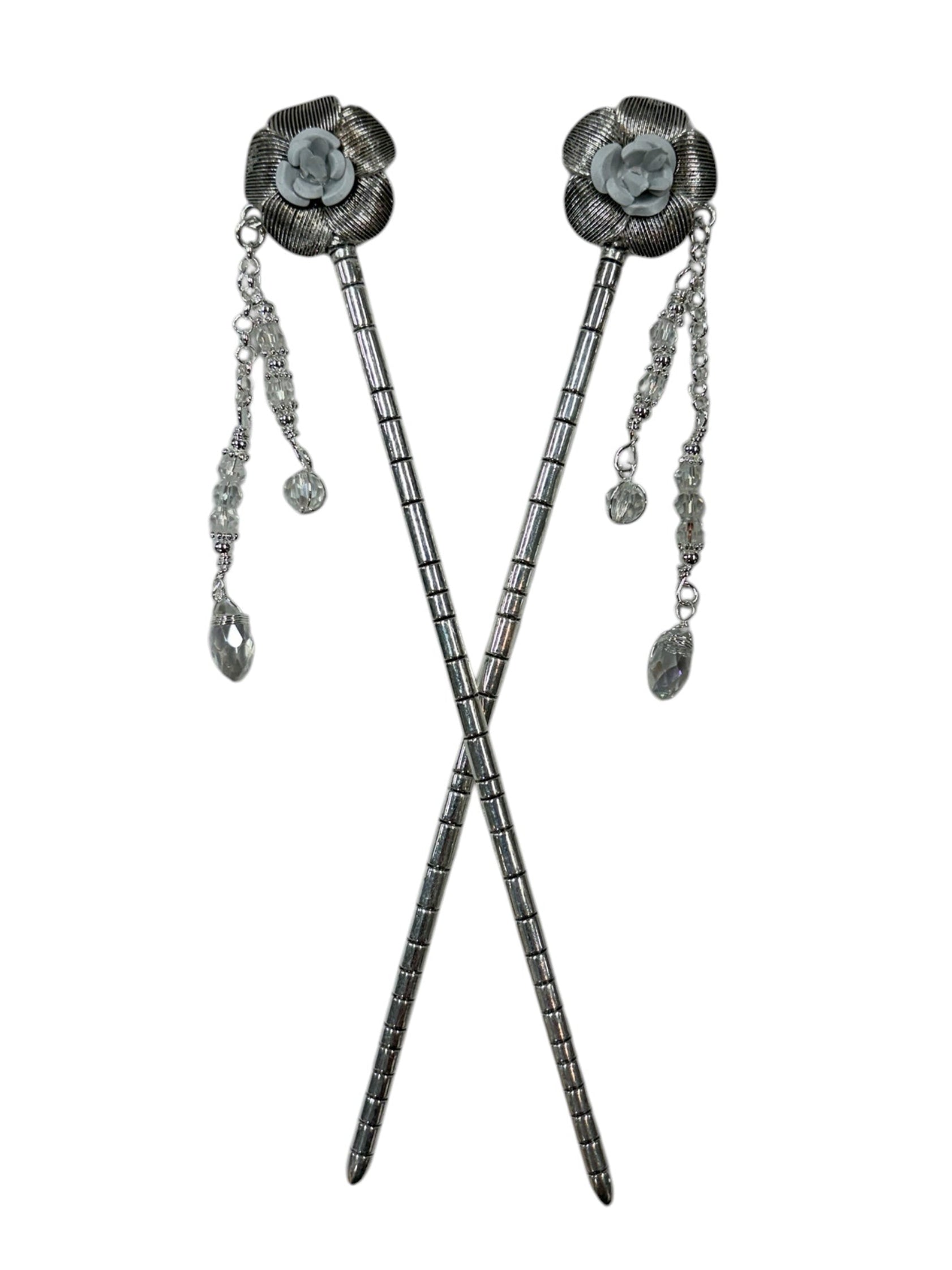 silver floral hair sticks with crystal drop accents front view