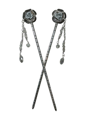 silver floral hair sticks with crystal drop accents front view
