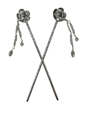 silver floral hair sticks with crystal drop strands front view