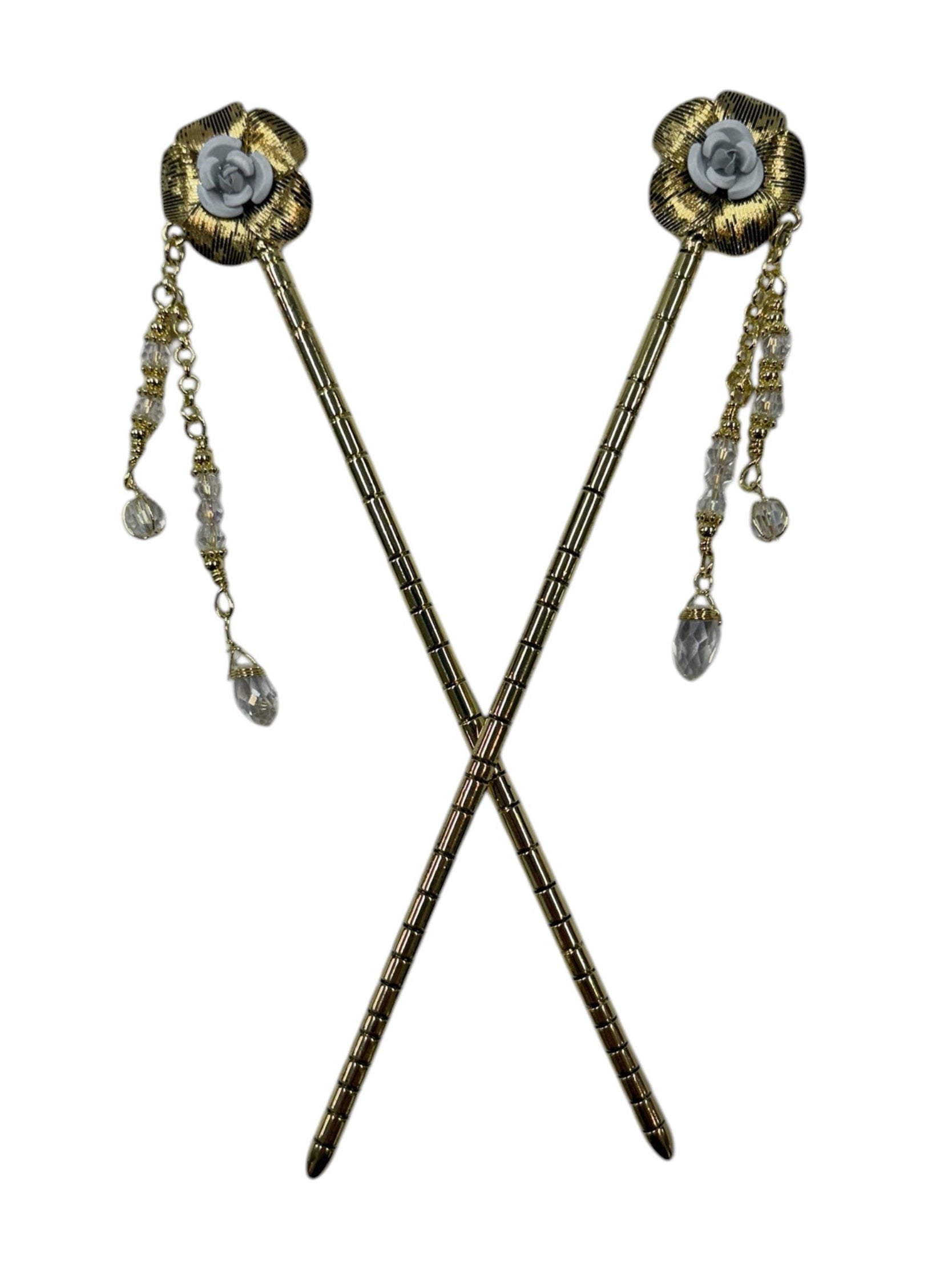 gold floral hair sticks with crystal drop accents front view