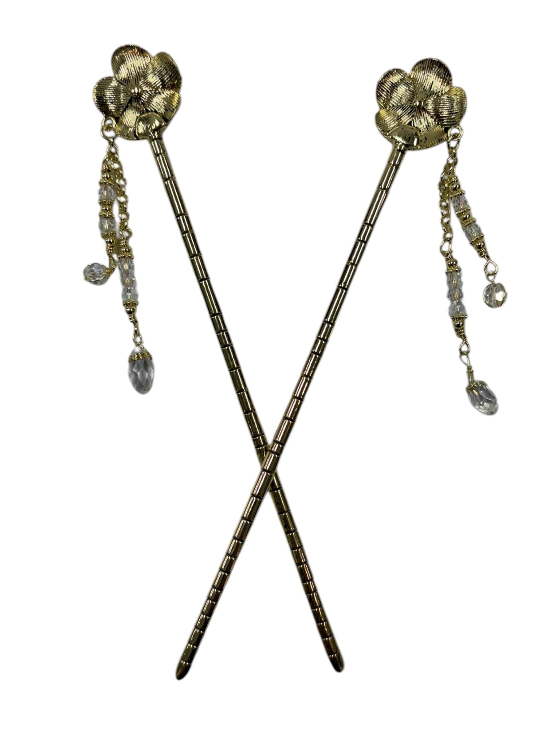 gold floral hair sticks with crystal drop chains front view