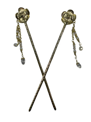 gold floral hair sticks with crystal drop chains front view