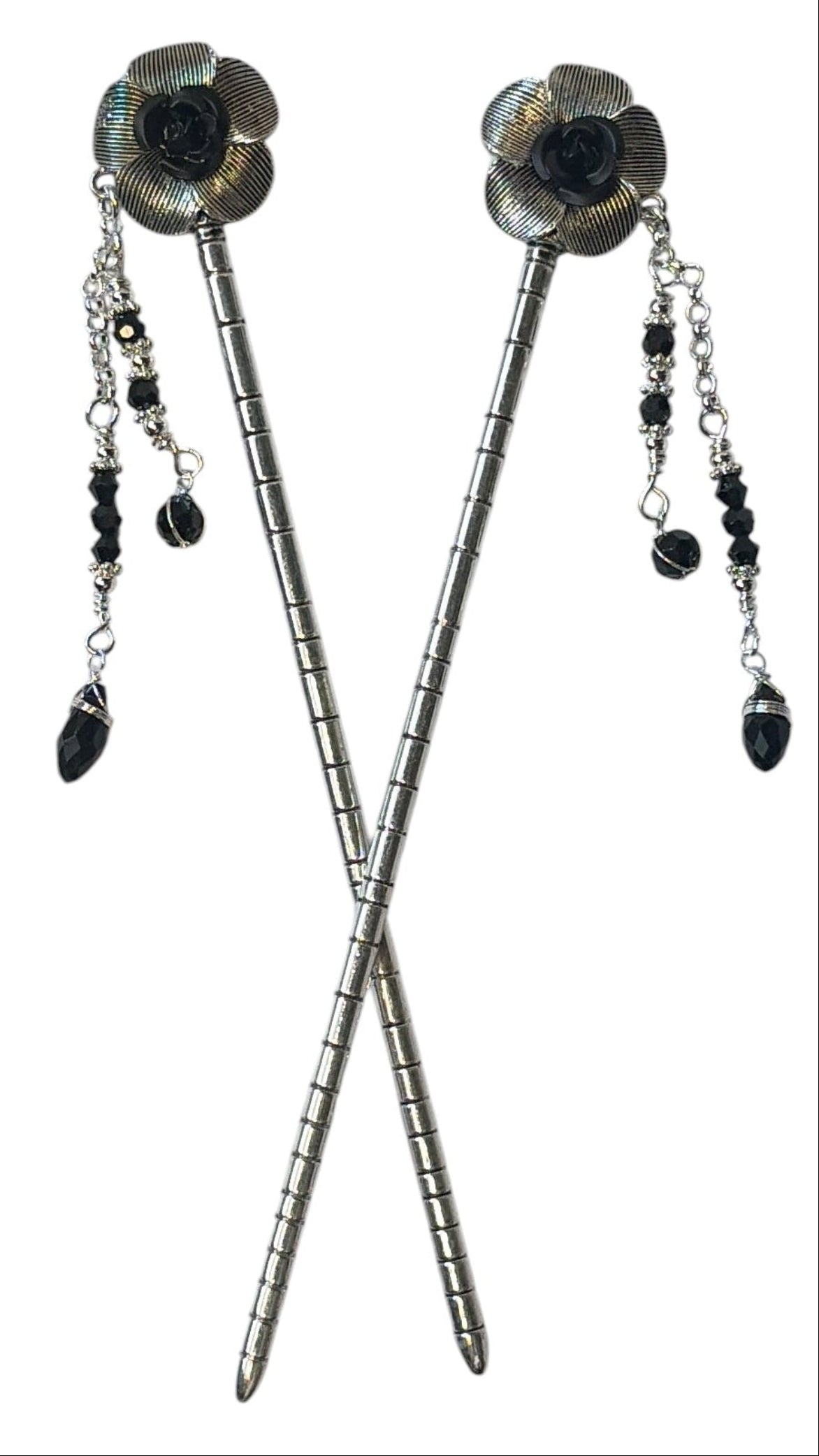 Pair of silver flower hair sticks with black rose centers and black crystal bead dangle chains, shown crossed on a white background to display the front view.