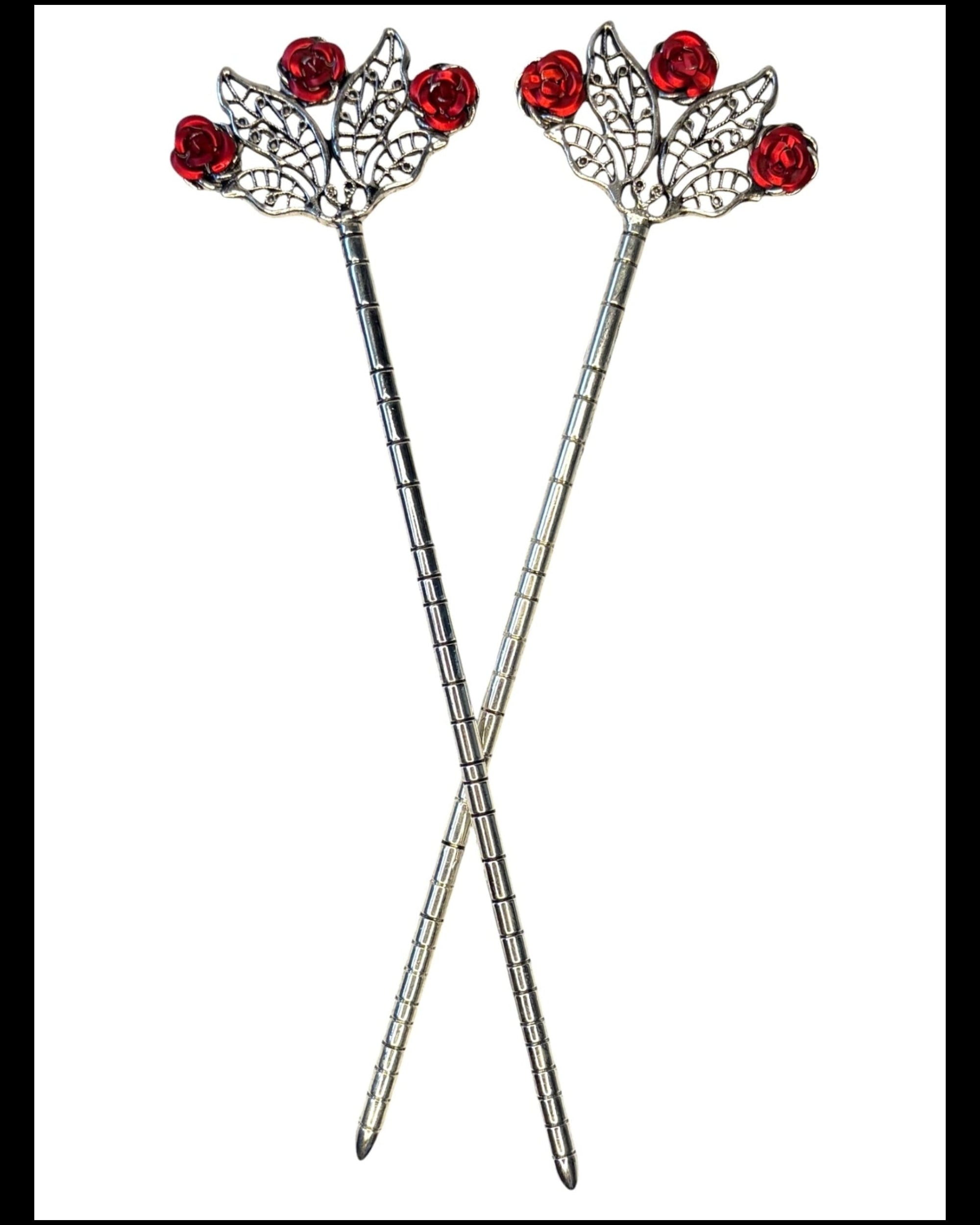 Floral Fan Hair Sticks – Silver floral fan hair sticks with red rose accents, front product view on white background.