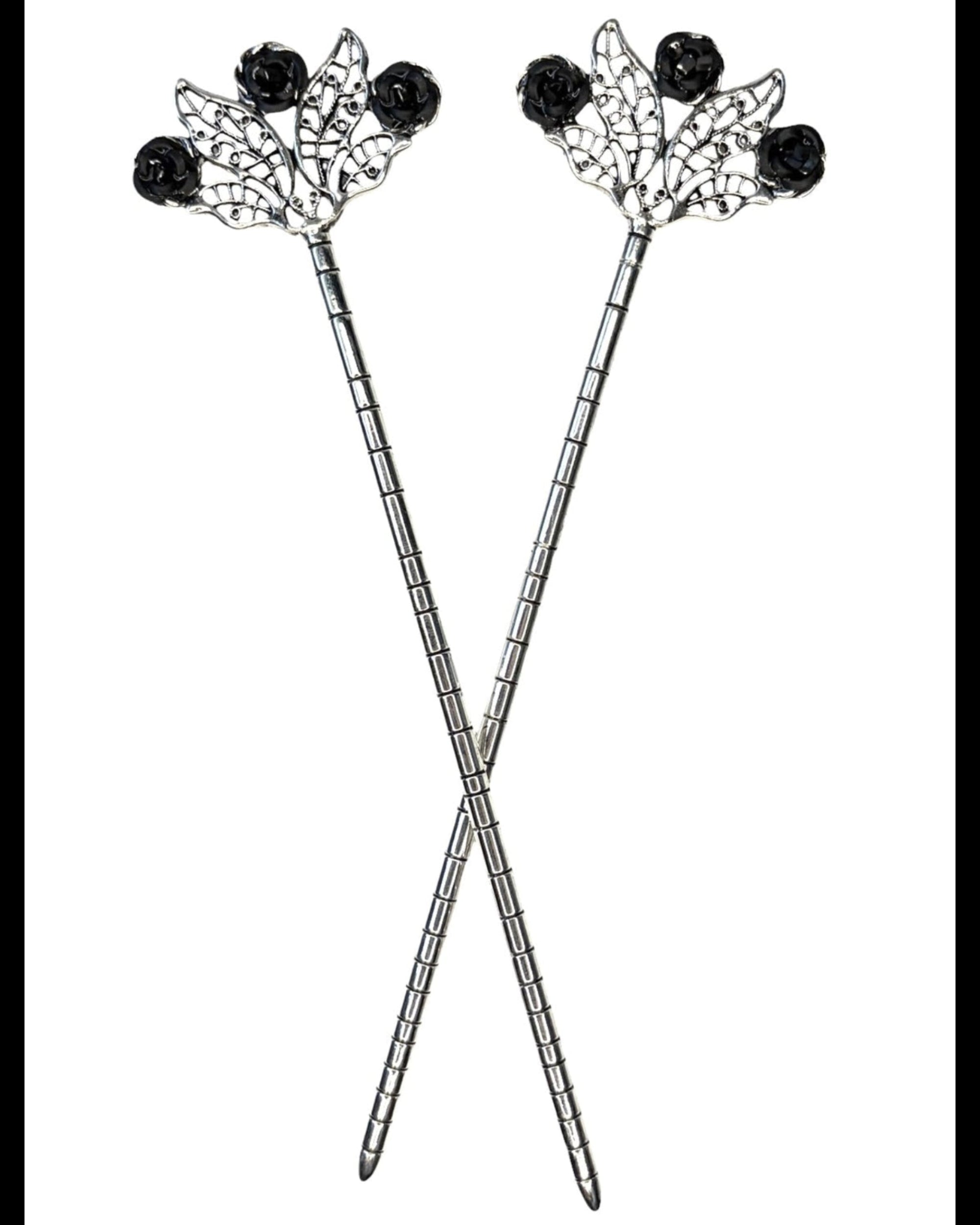 Floral Fan Hair Sticks – Silver floral fan hair sticks with black rose accents, front product view on white background.