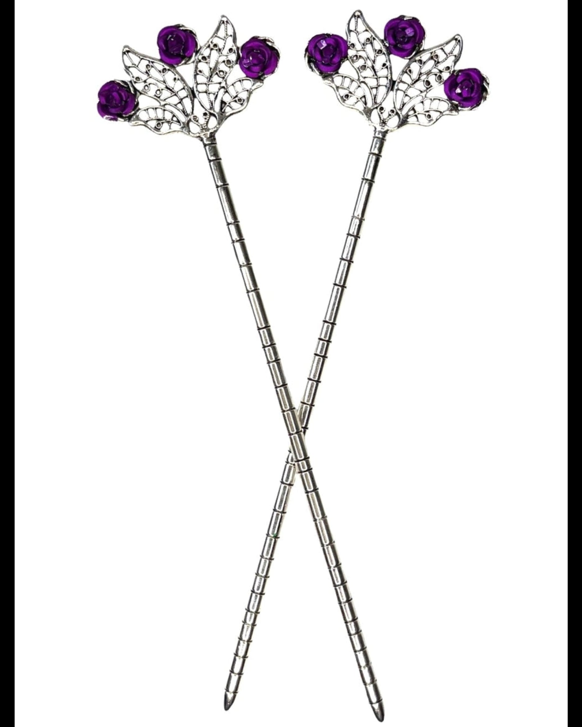 Floral Fan Hair Sticks – Silver floral fan hair sticks with purple rose accents, front view on white background.