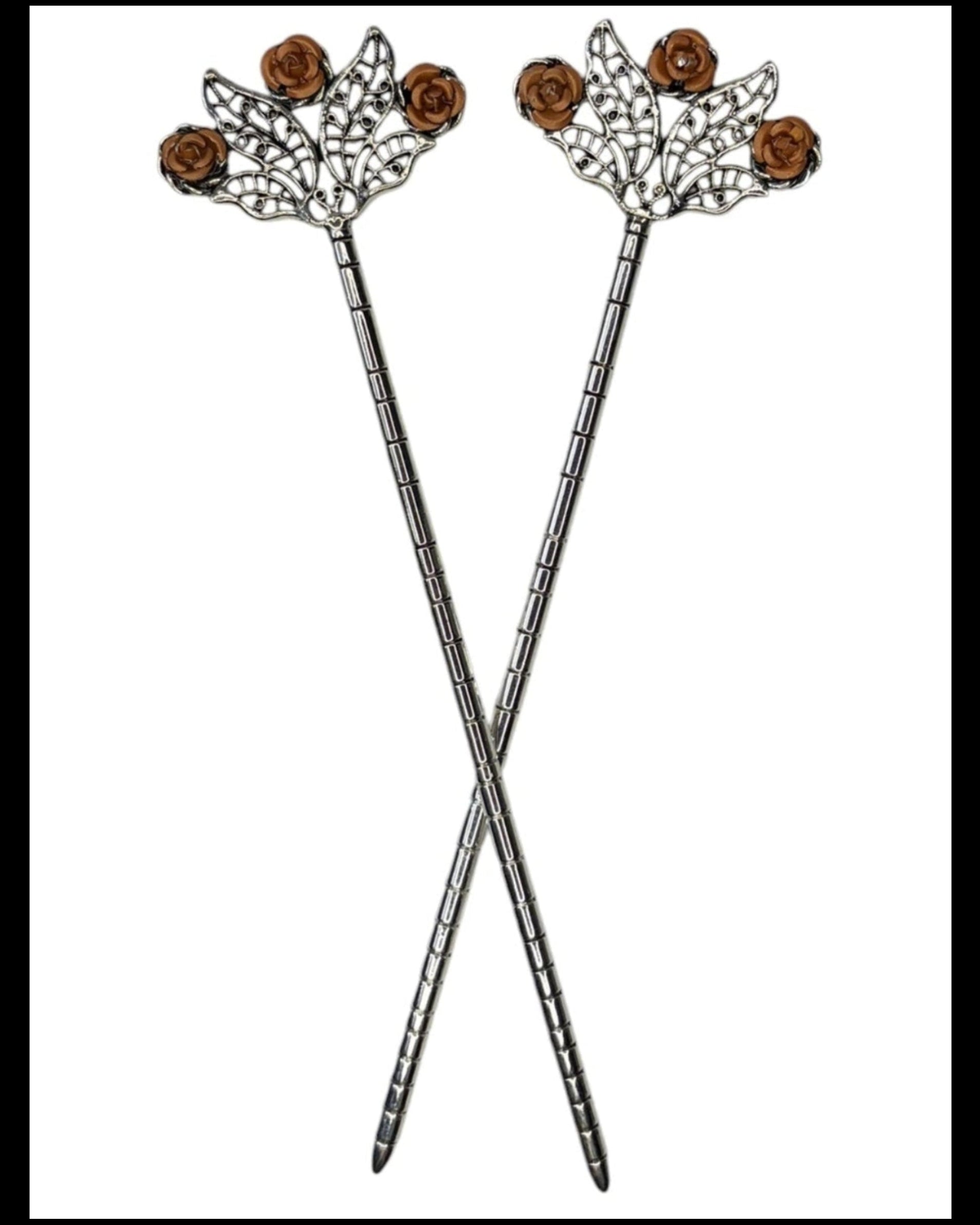 Floral Fan Hair Sticks – Silver floral filigree hair sticks with amber rose accents, front product view on white background.