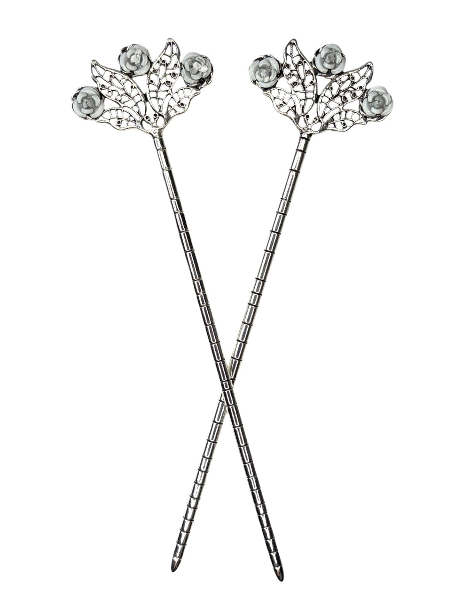 silver floral filigree hair sticks with rose detail top front view