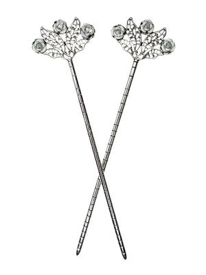 silver floral filigree hair sticks with rose detail top front view