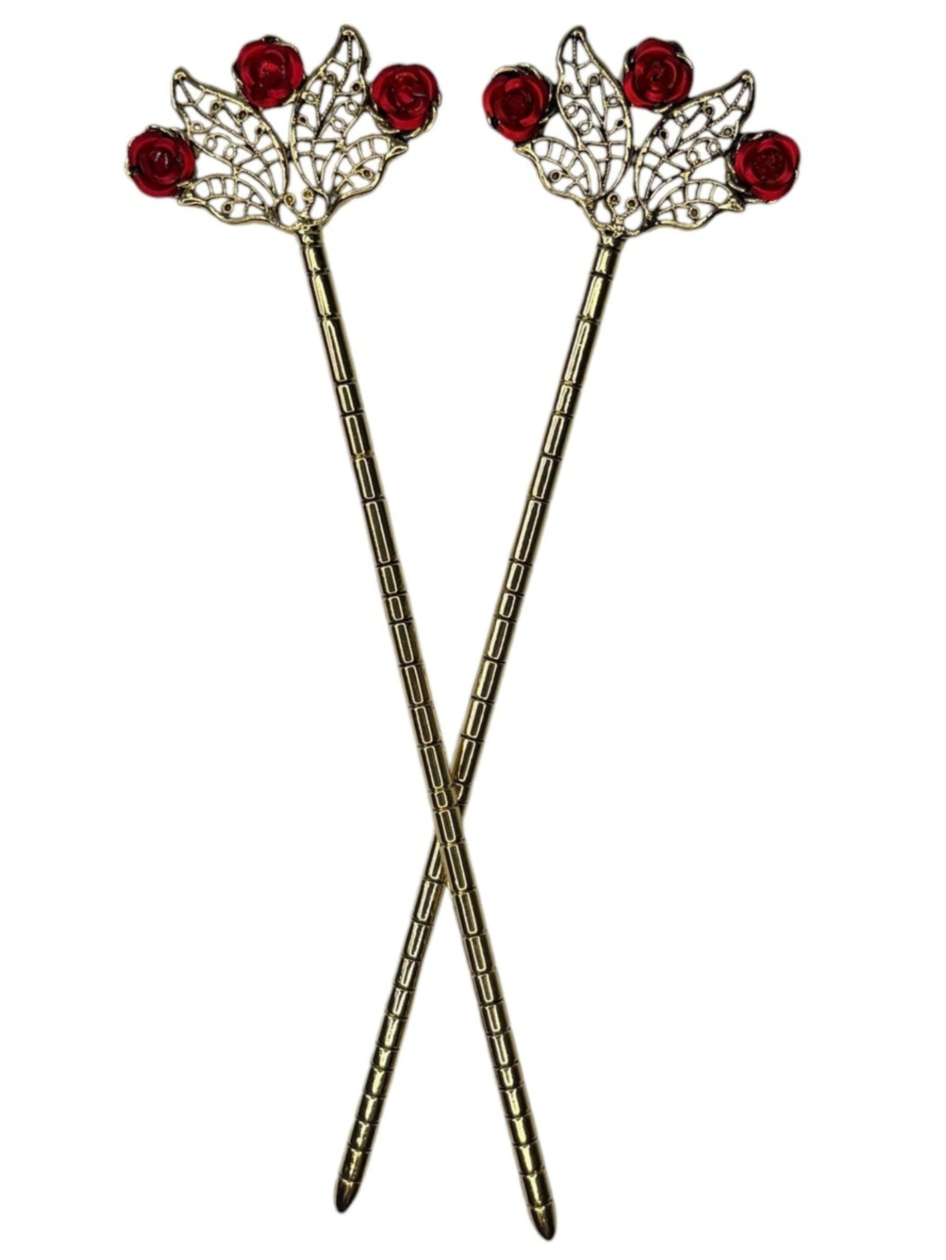 Floral Fan Hair Sticks – Gold floral fan hair sticks with red rose accents, front view on white background.