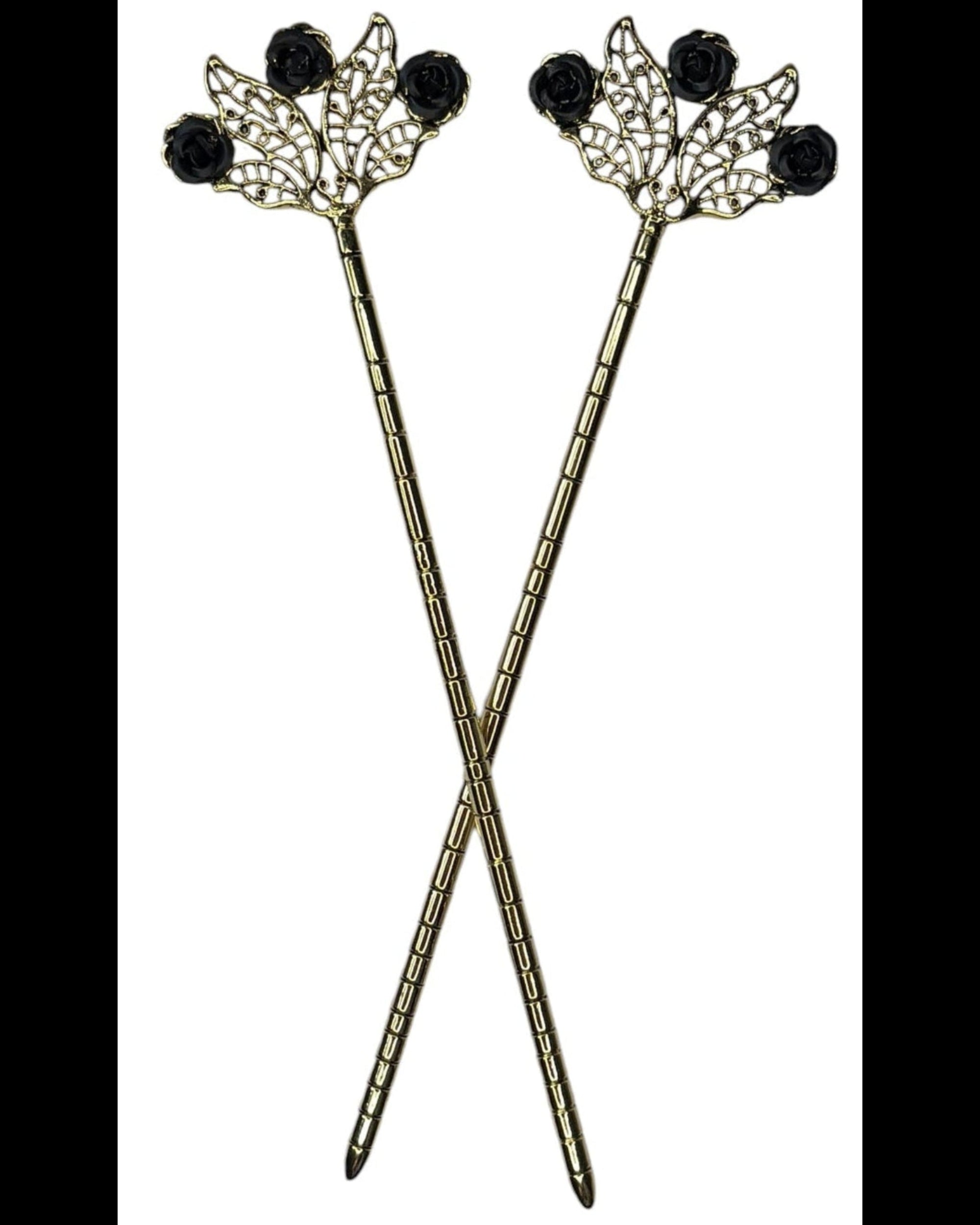 Floral Fan Hair Sticks – Gold floral filigree hair sticks with black rose accents, front product view on white background.