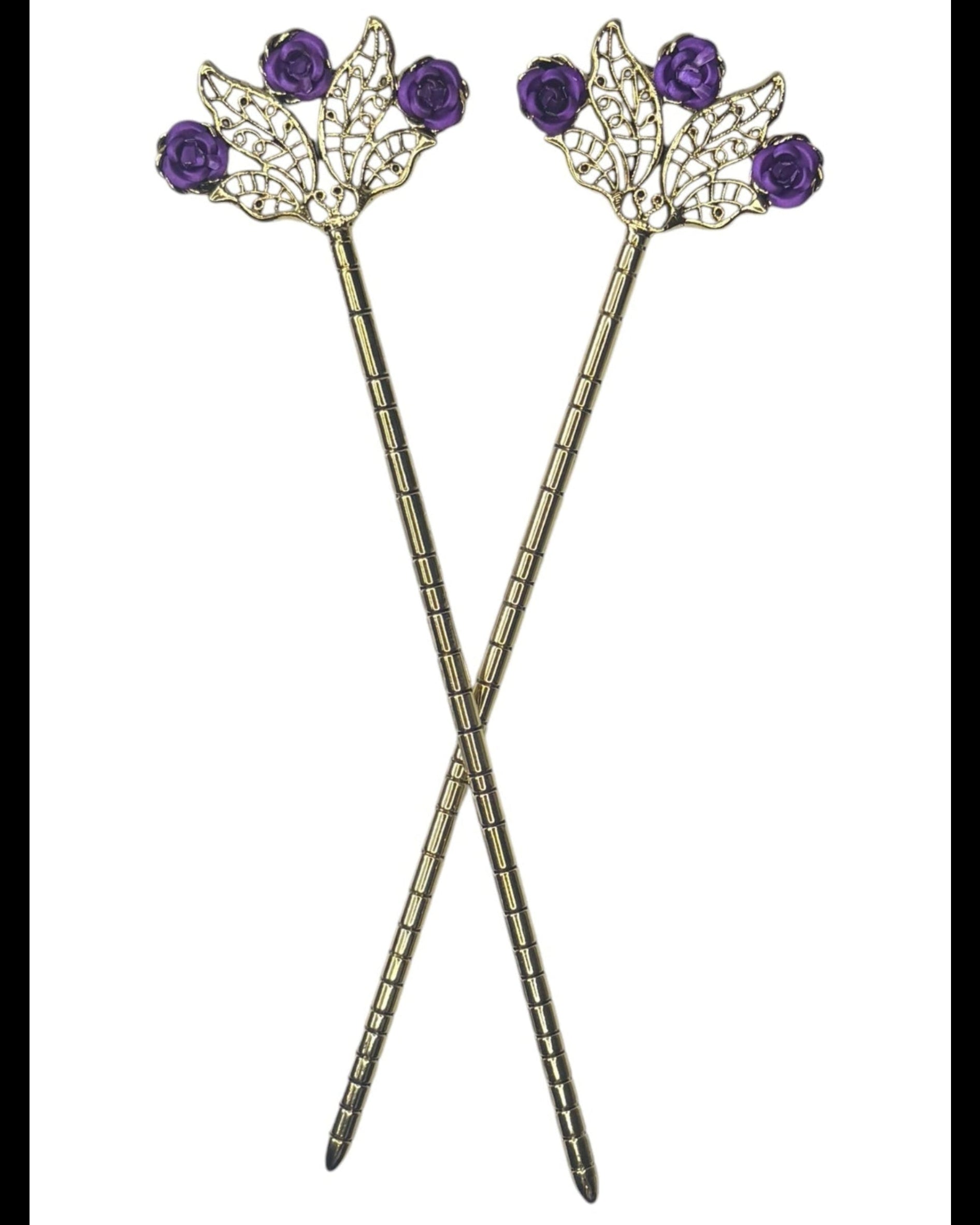 Floral Fan Hair Sticks – Gold floral fan hair sticks with purple rose accents, front view on white background.