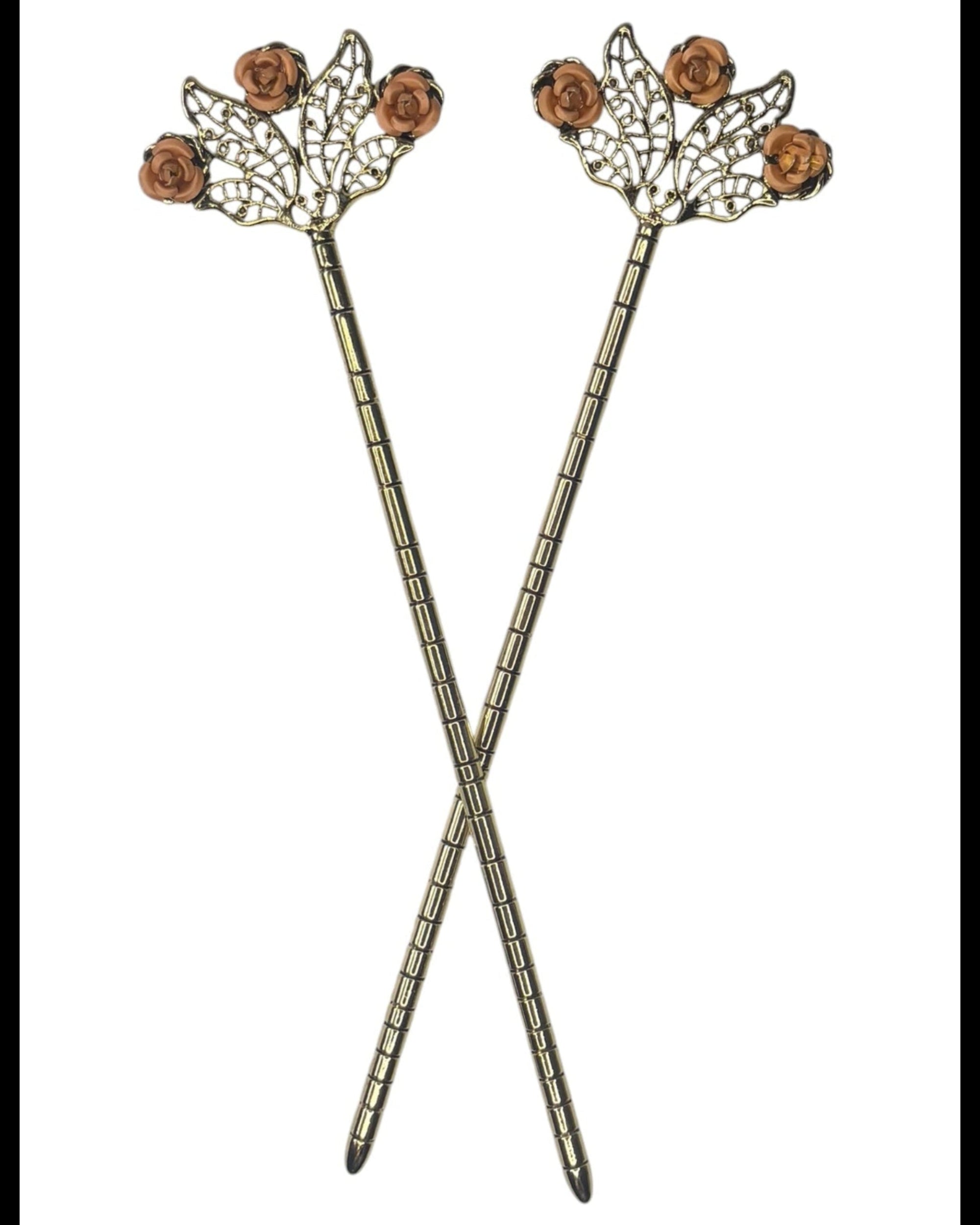 Floral Fan Hair Sticks – Gold floral fan hair sticks with amber rose accents, front view on white background.