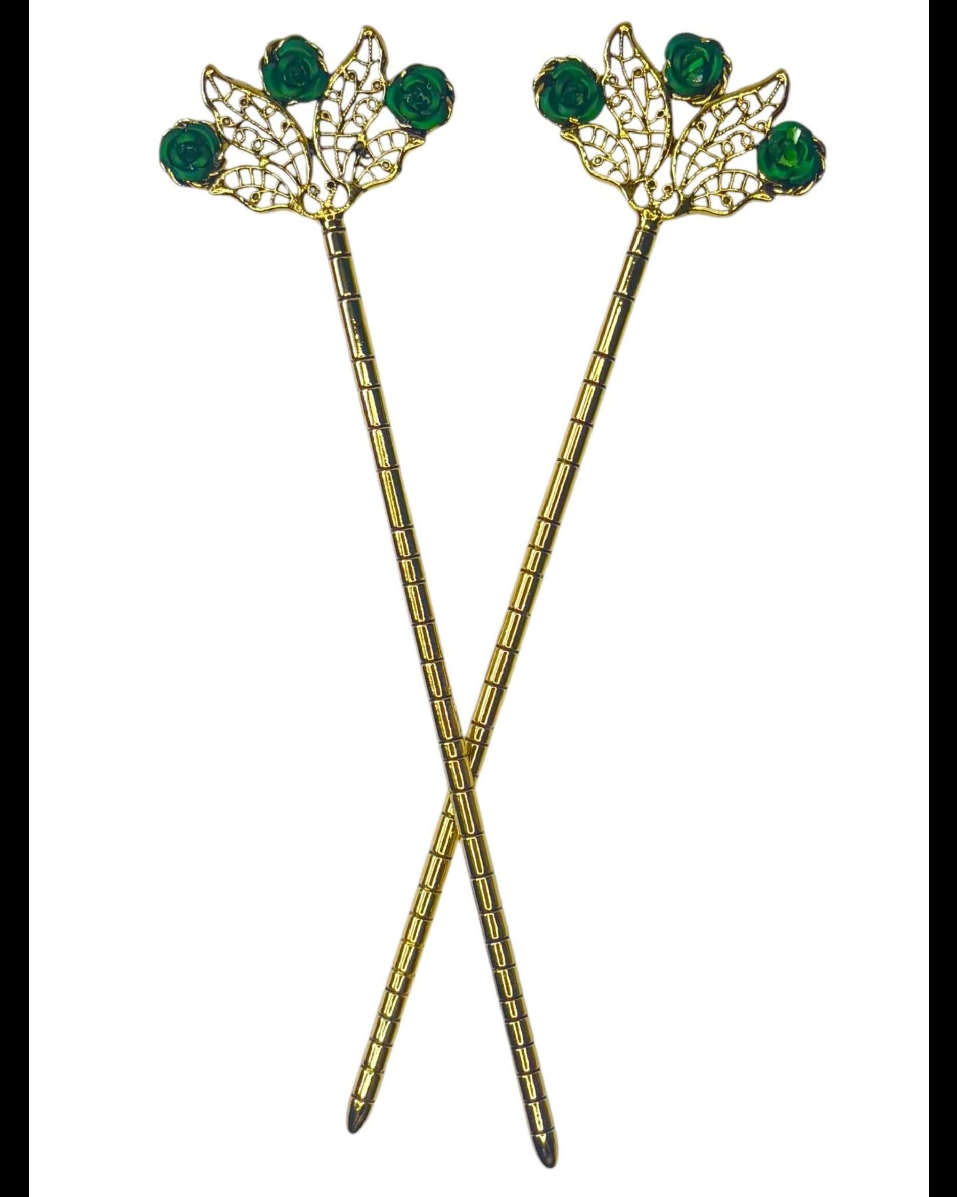 Floral Fan Hair Sticks – Gold floral fan hair sticks with green rose accents, front view on white background.