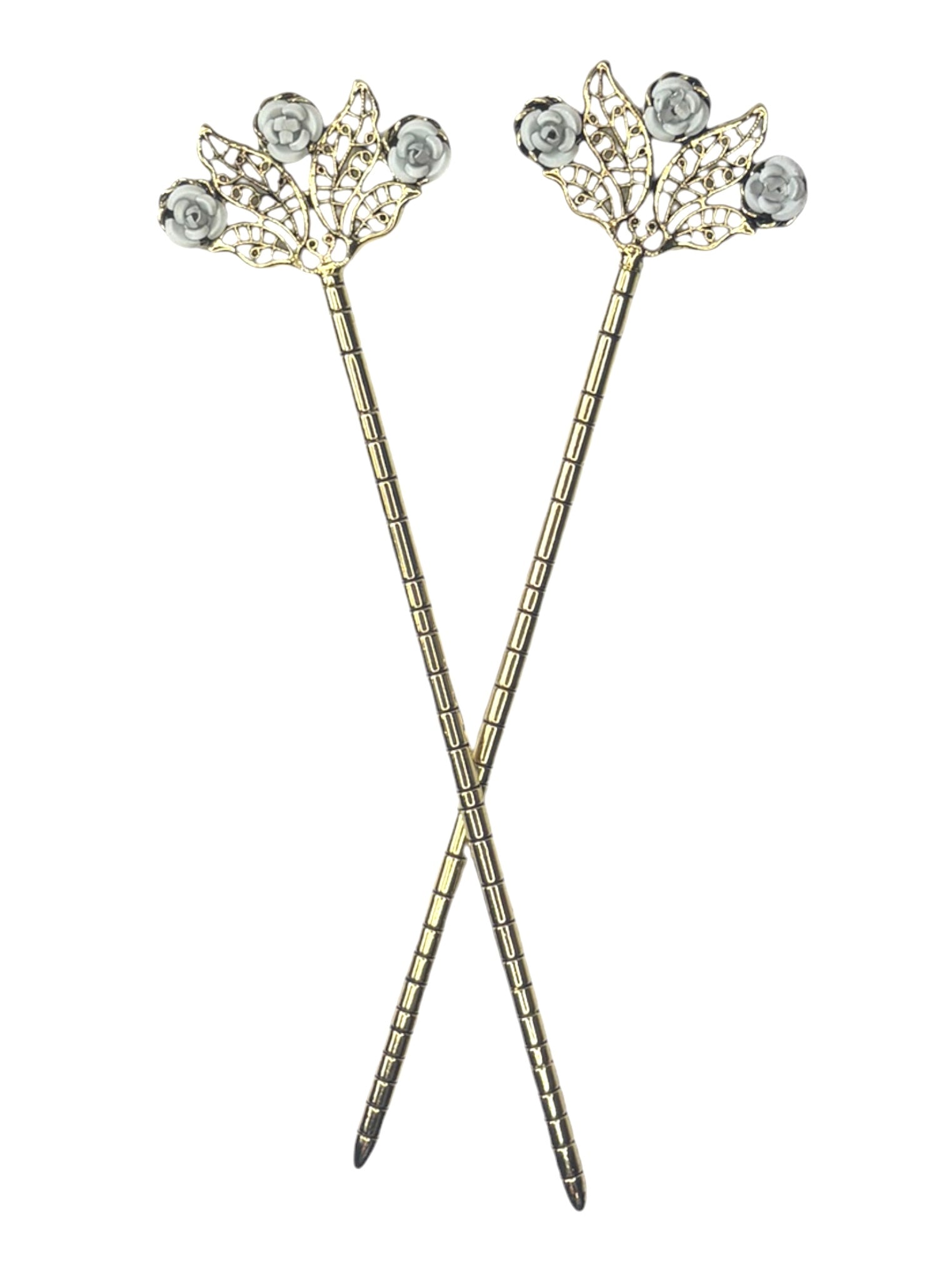 gold floral filigree hair sticks with rose detail top front view