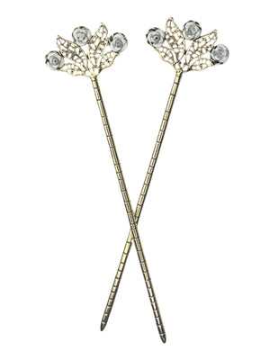 gold floral filigree hair sticks with rose detail top front view