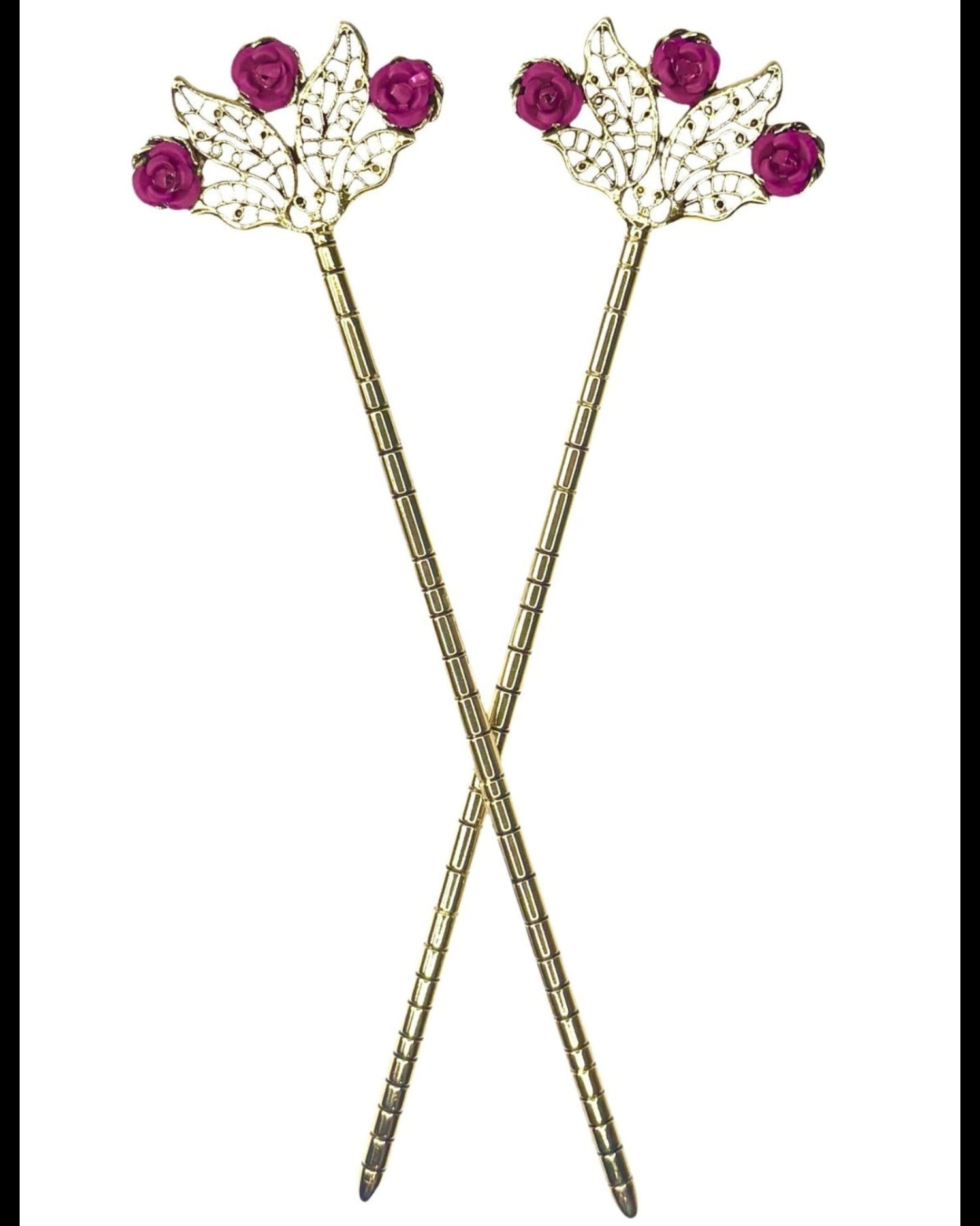 Floral Fan Hair Sticks – Gold floral fan hair sticks with pink rose accents, front view on white background.