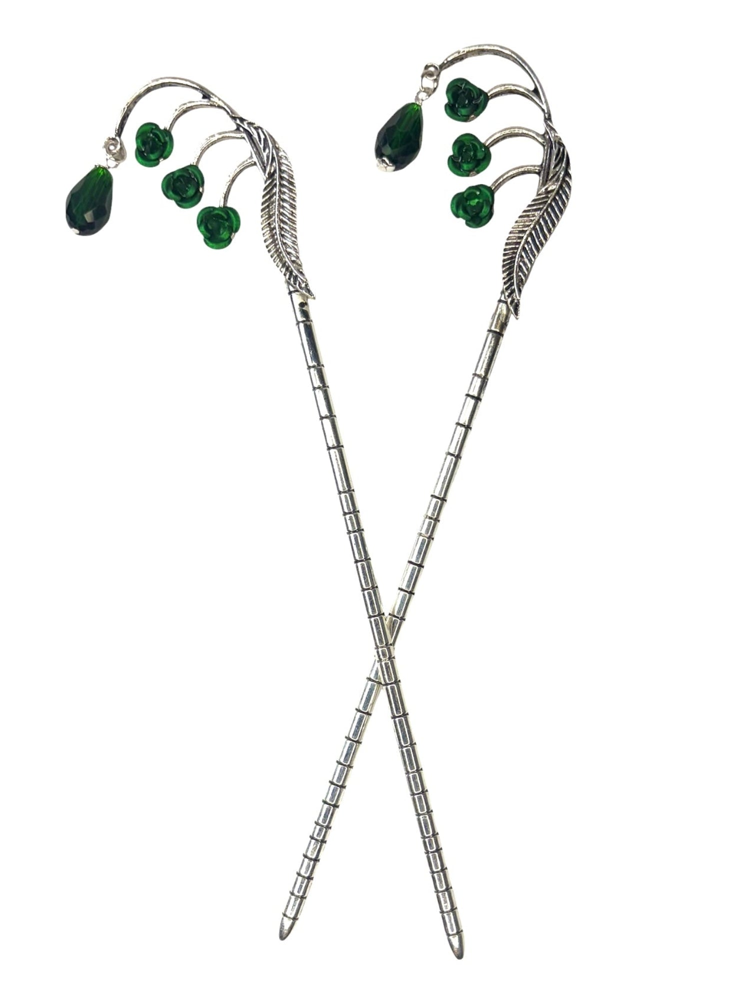 silver feather hair sticks with green crystal drops front view
