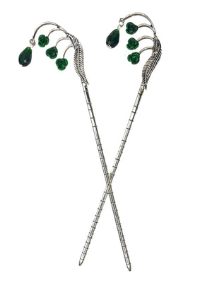 silver feather hair sticks with green crystal drops front view
