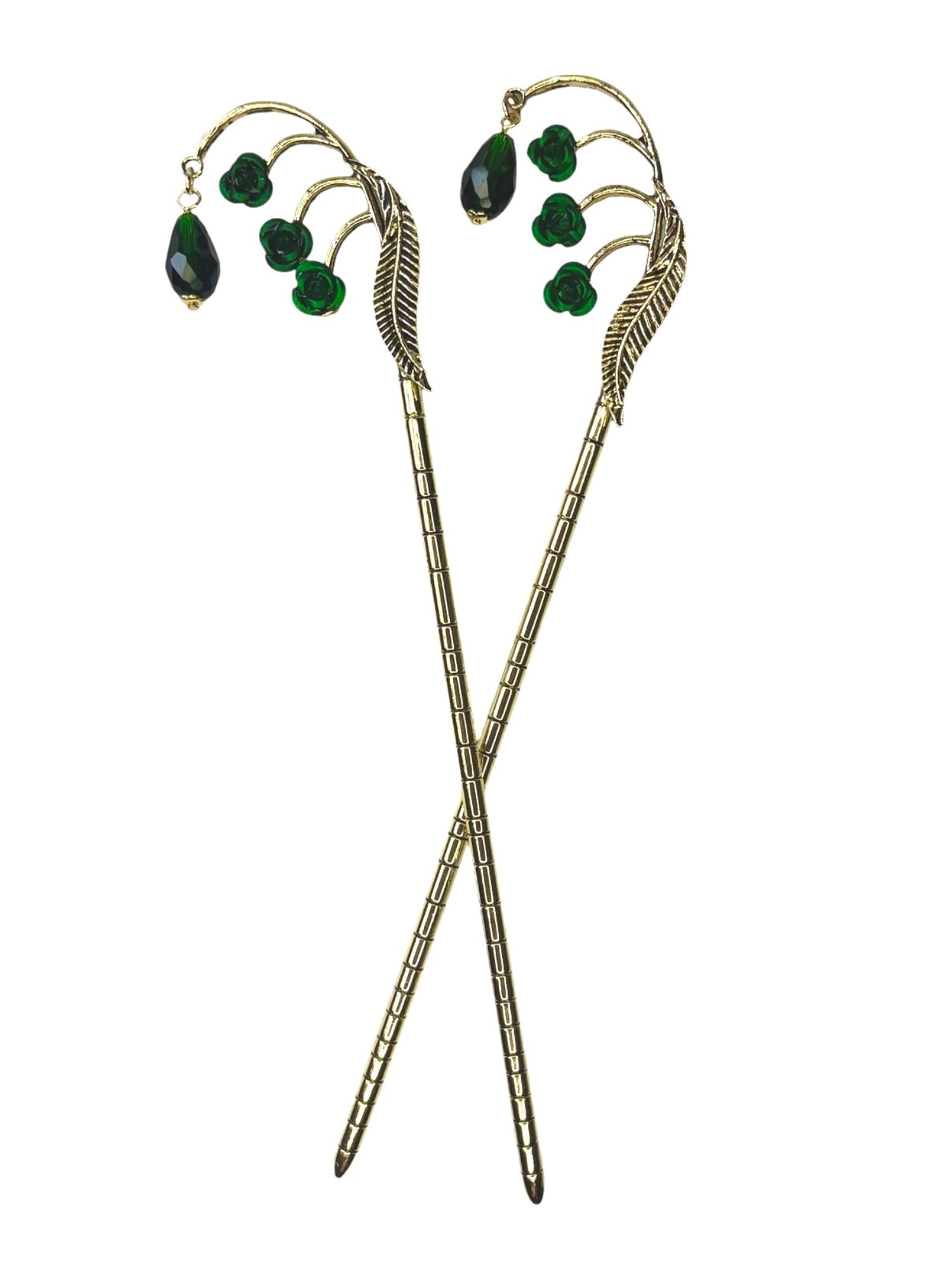 gold feather hair sticks with green crystal drops front view