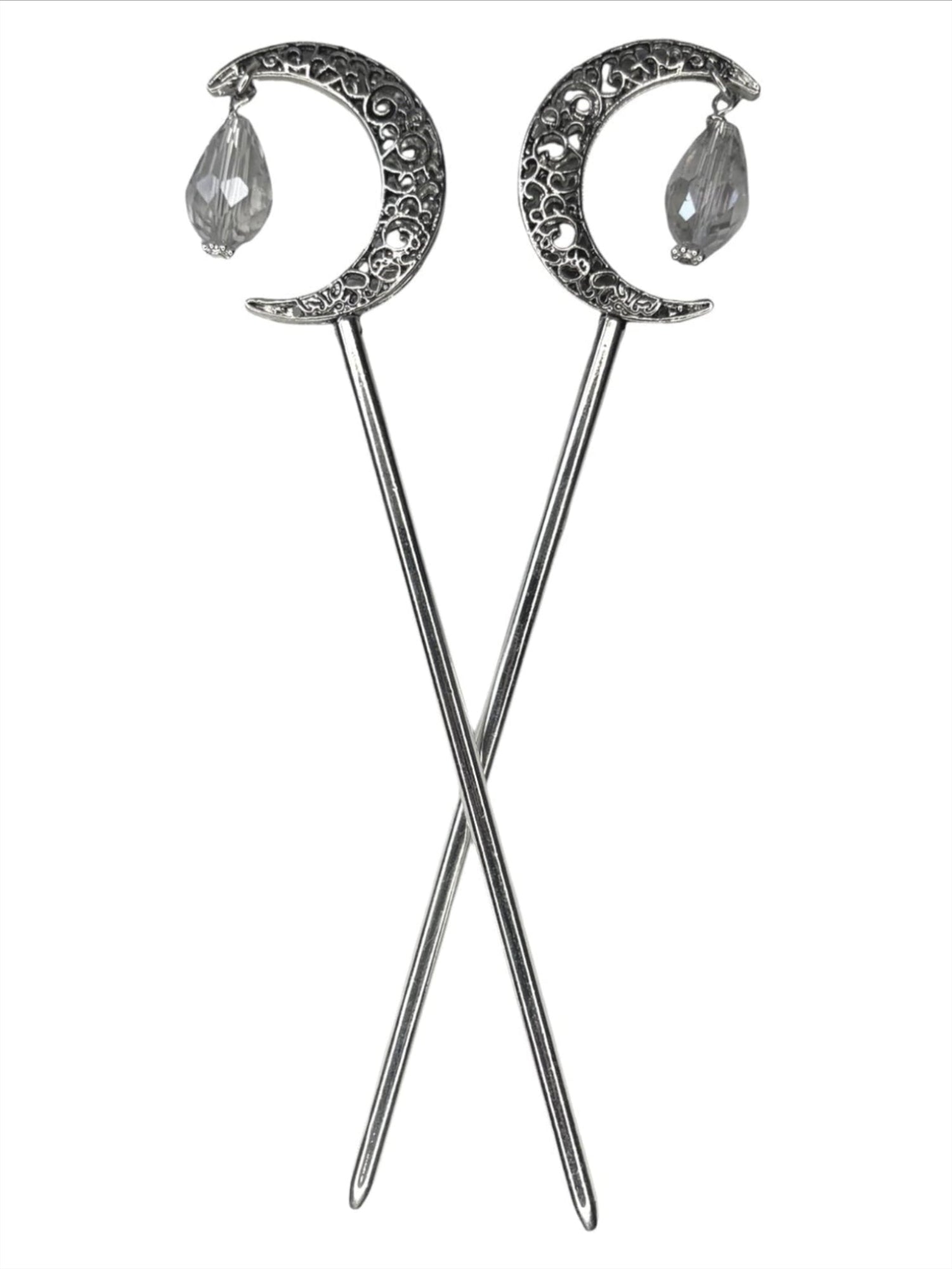 silver crescent moon hair sticks with clear crystal drop accents front view