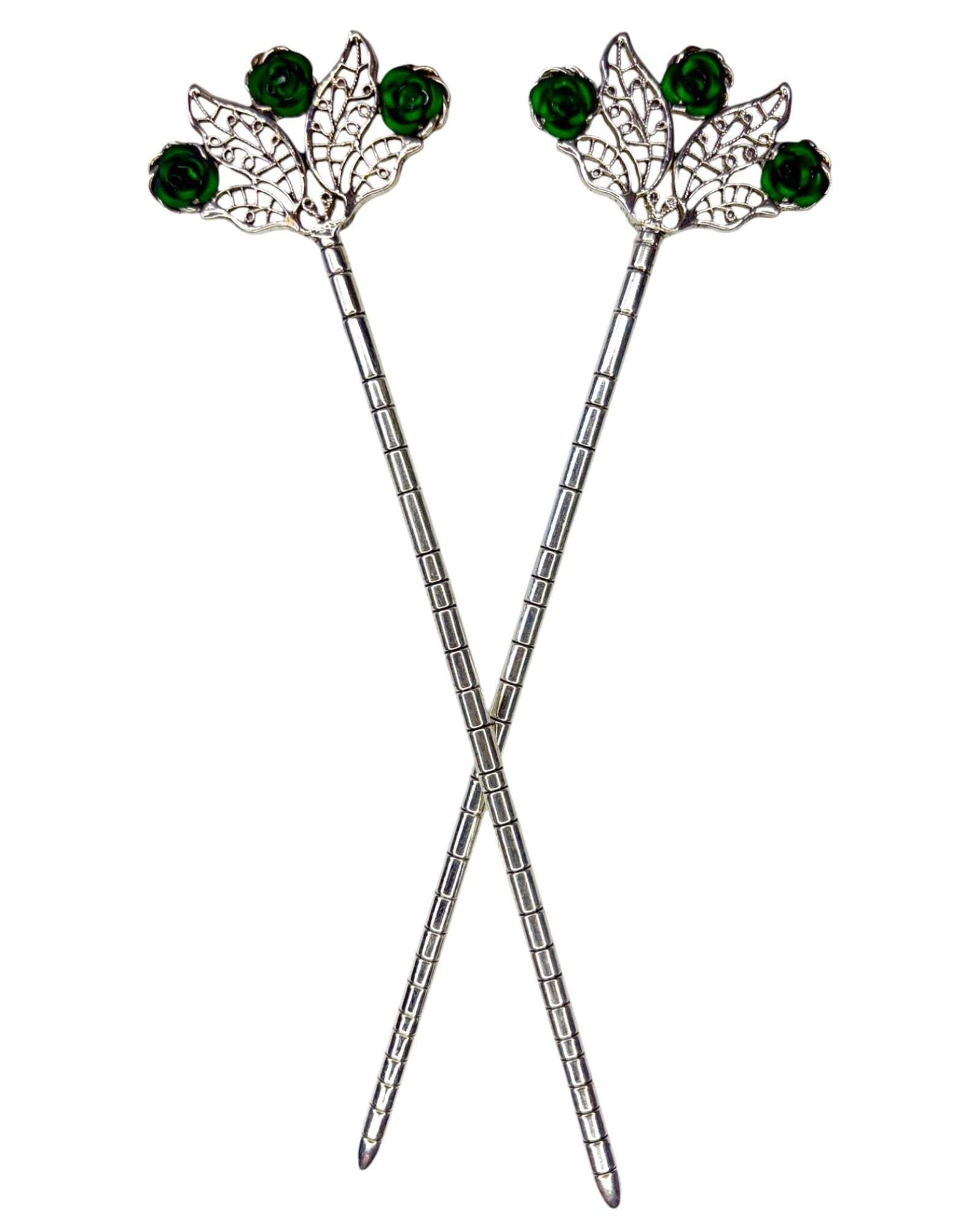 Demo video showing Floral Fan Hair Sticks with green rose accents being inserted into a bun and worn from multiple angles to demonstrate secure hold and elegant floral design.