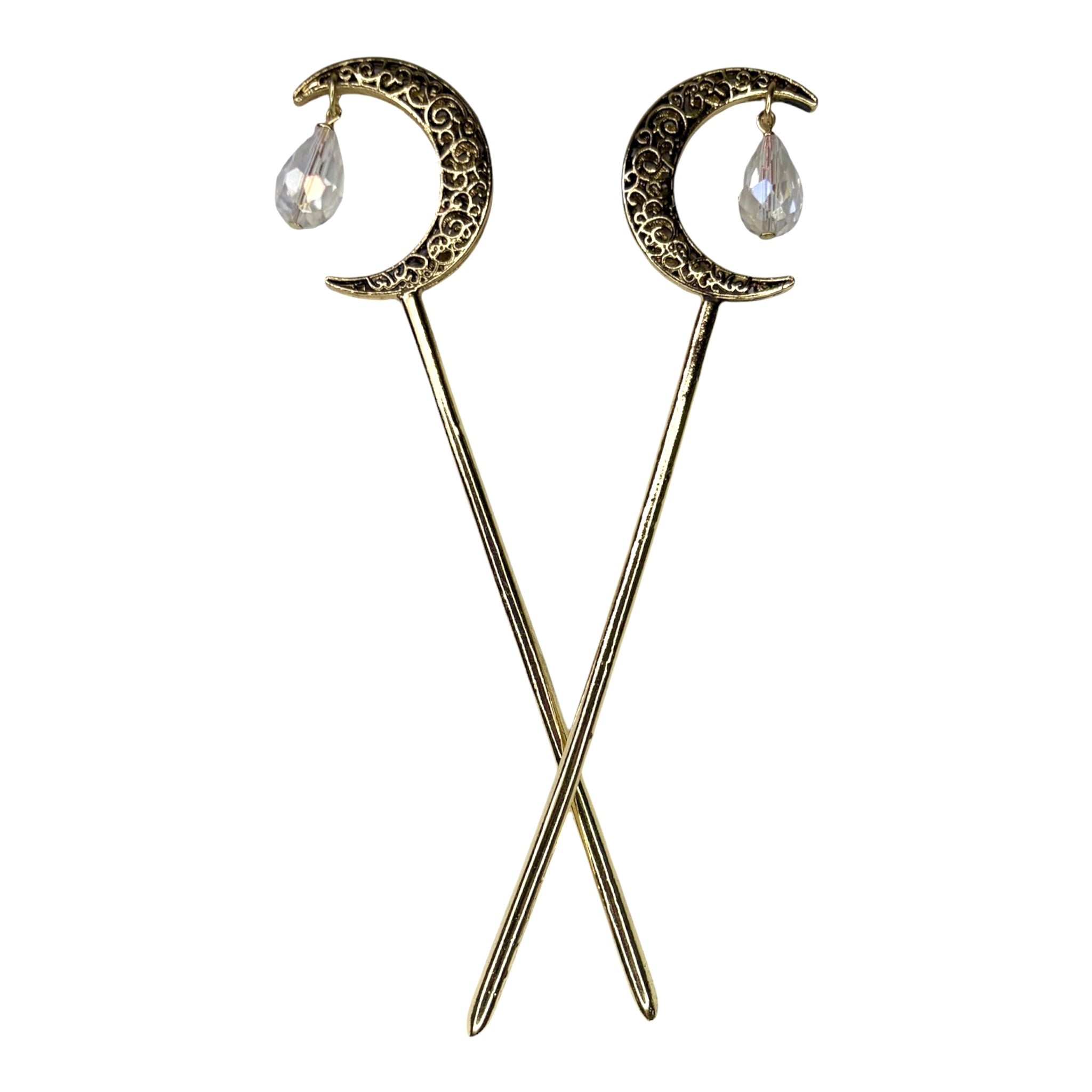 gold crescent moon hair sticks with clear crystal drop accents front view
