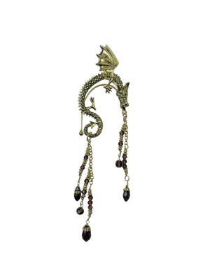 gold dragon ear wrap earrings fantasy jewelry dangling crystal chains asymmetrical set front view