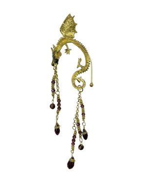 gold dragon ear wrap earrings fantasy jewelry dangling crystal chains asymmetrical set front view