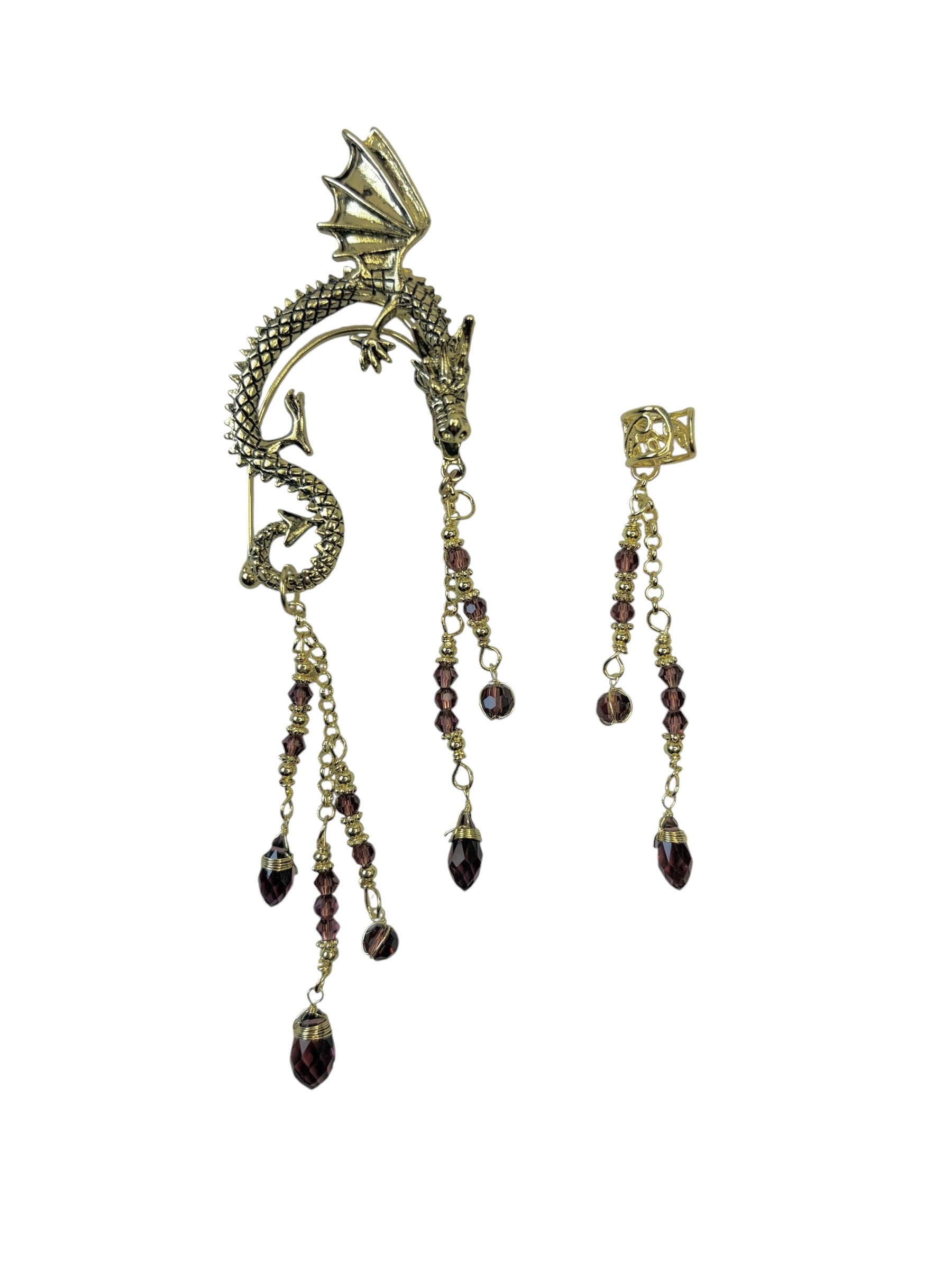 gold dragon ear wrap earrings fantasy jewelry dangling crystal chains asymmetrical set front view