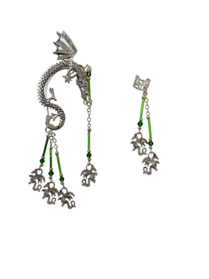 silver dragon ear wrap earrings with green beads fantasy jewelry dangling crystal chains asymmetrical set front view