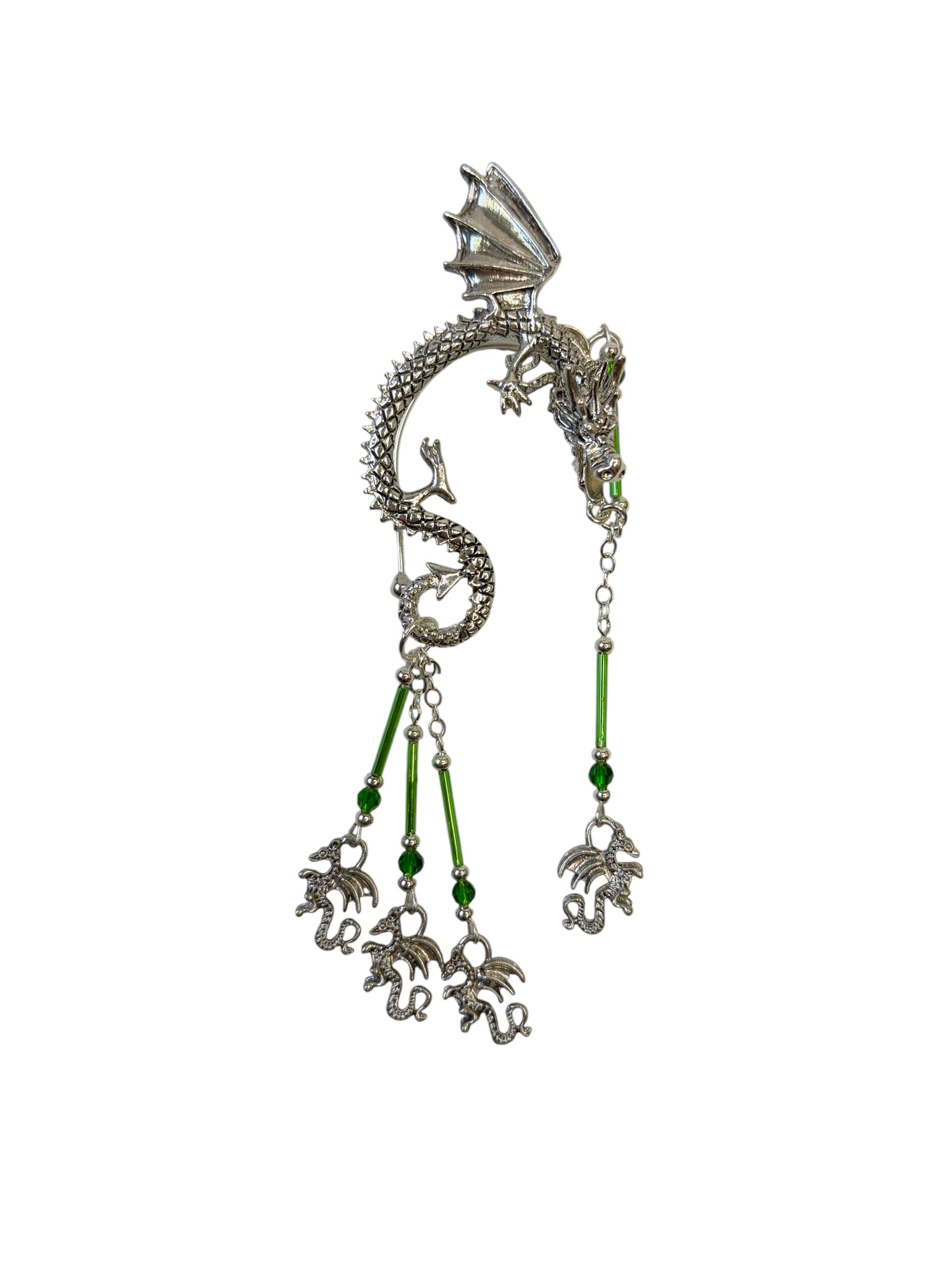 silver dragon ear wrap earrings with green beads fantasy jewelry dangling crystal chains asymmetrical set front view