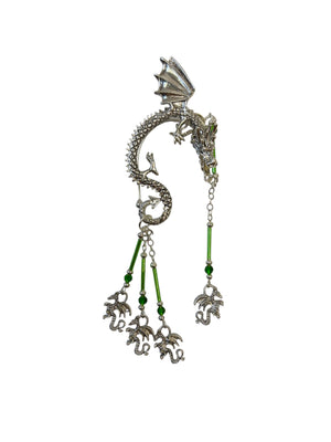 silver dragon ear wrap earrings with green beads fantasy jewelry dangling crystal chains asymmetrical set front view