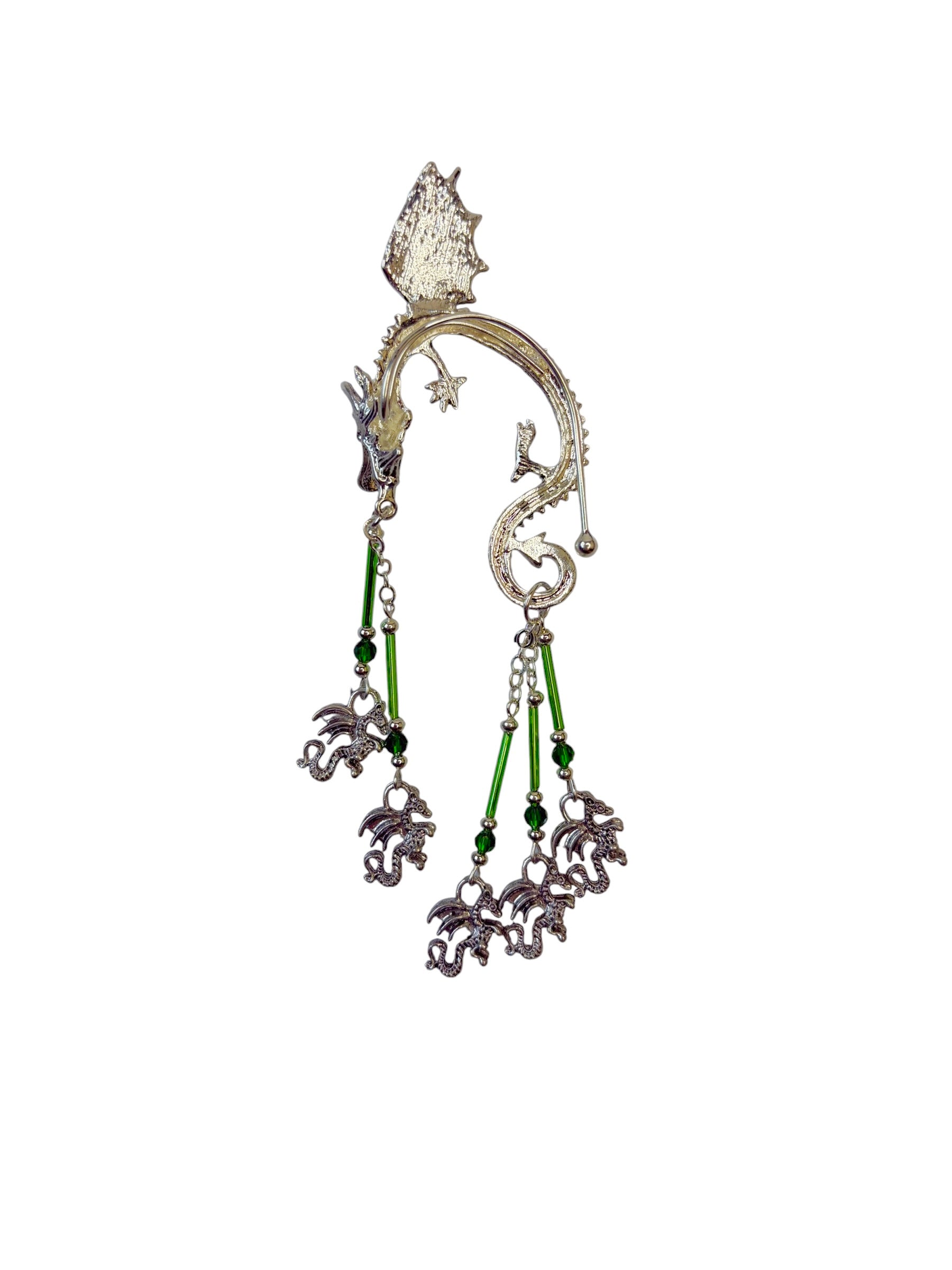 silver dragon ear wrap earrings with green beads fantasy jewelry dangling crystal chains asymmetrical set back view